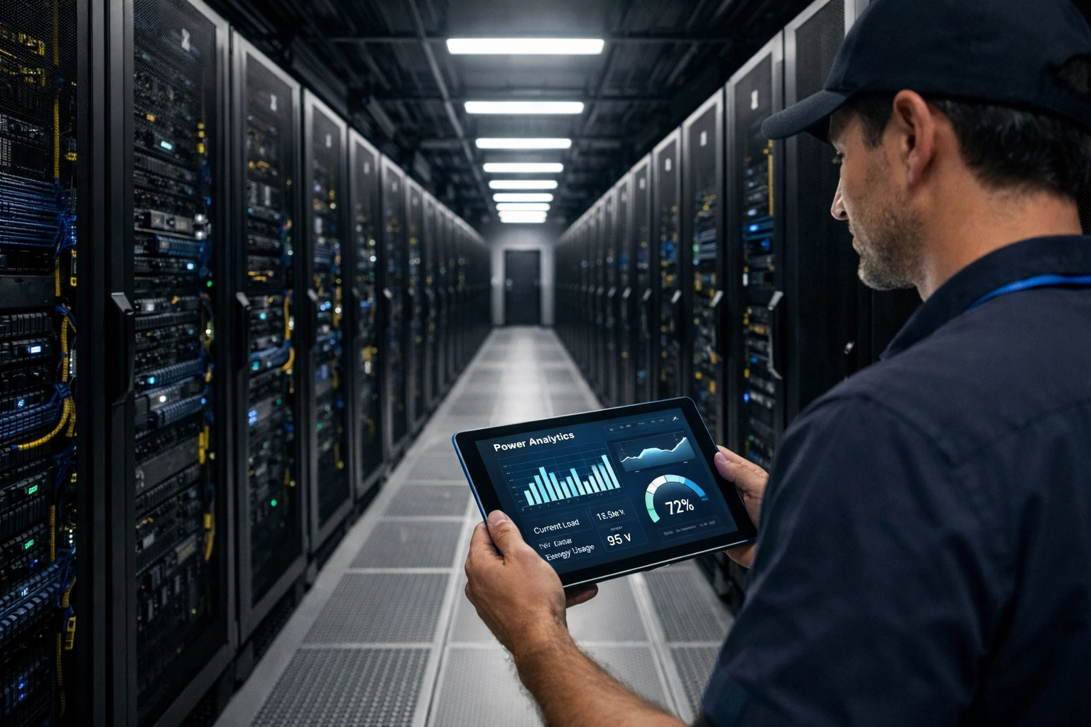 IT professional using a tablet to monitor real-time UPS power analytics in a data center cold aisle.