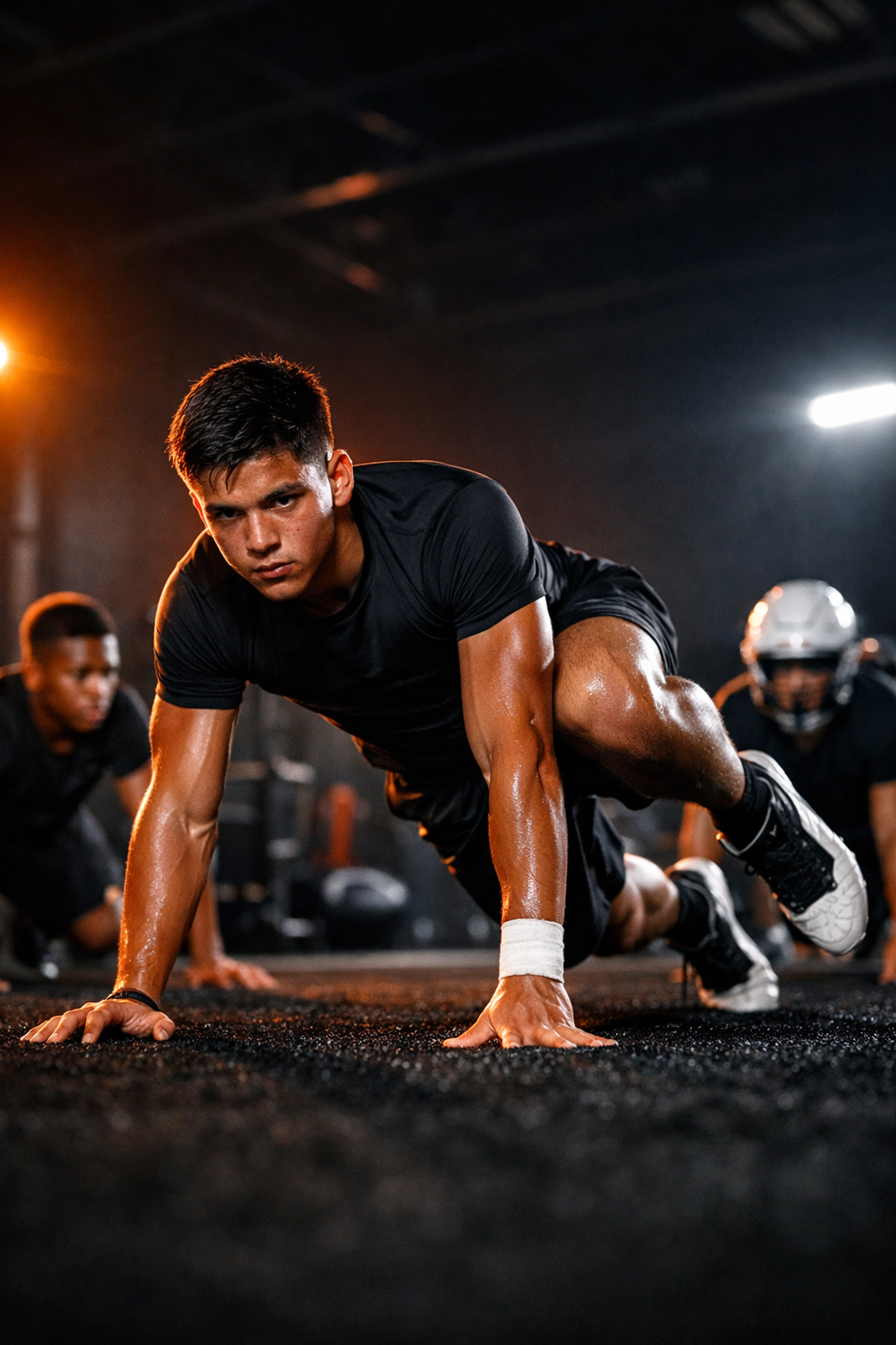 Elite youth football players training for explosive speed and core stability in a professional sports facility.