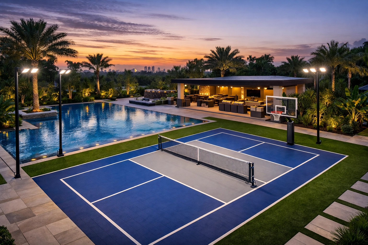 Luxury Houston backyard resort featuring a professional hybrid basketball and pickleball court.