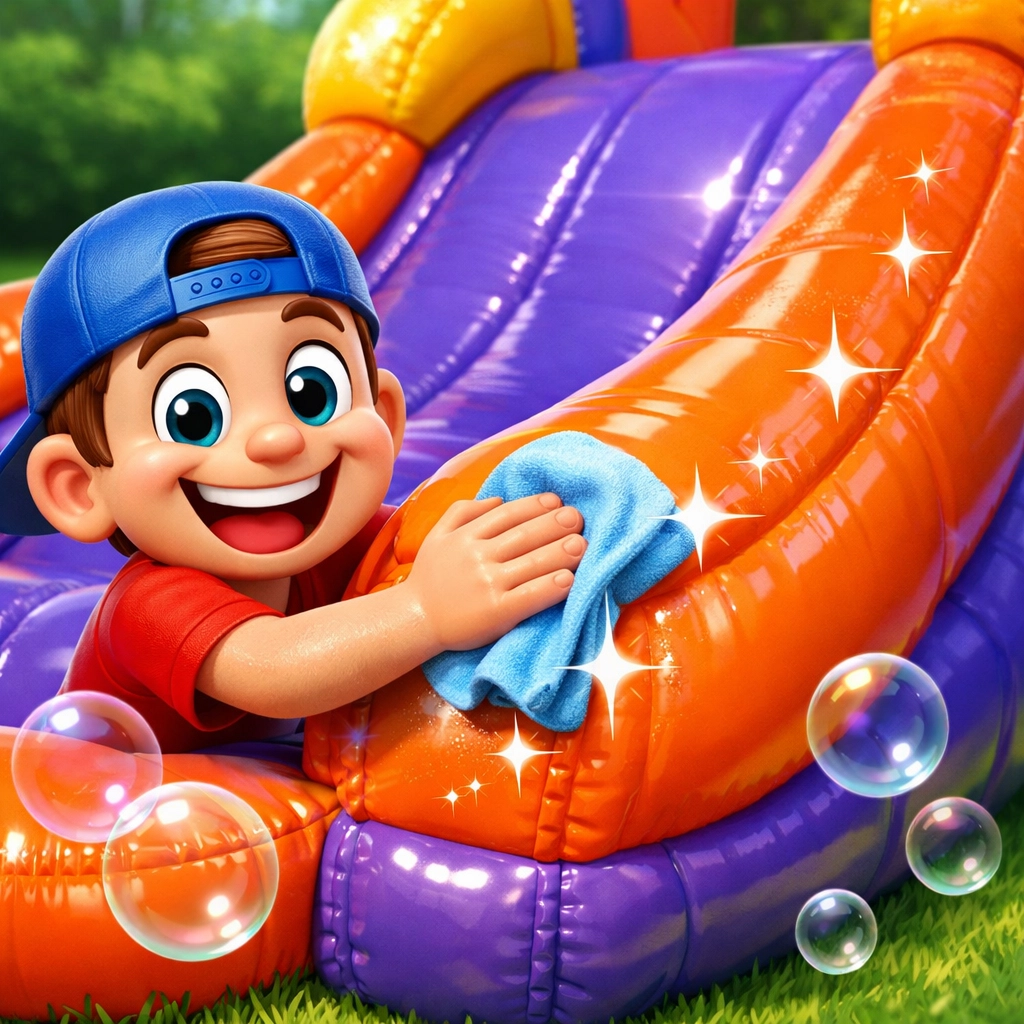 Hand-cleaning a sparkling inflatable slide to ensure a sanitized and safe rental for your graduation party.