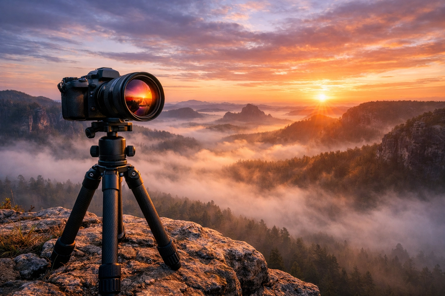 Professional mirrorless camera on a tripod capturing a sunrise for high-end landscape photography.