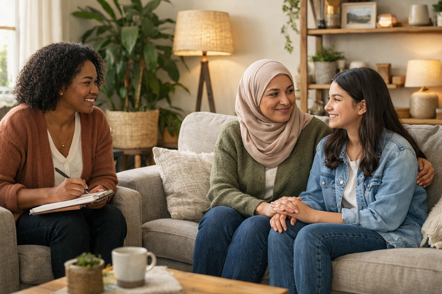 Supportive counselor meeting with a diverse family in a warm, trauma-responsive home setting.