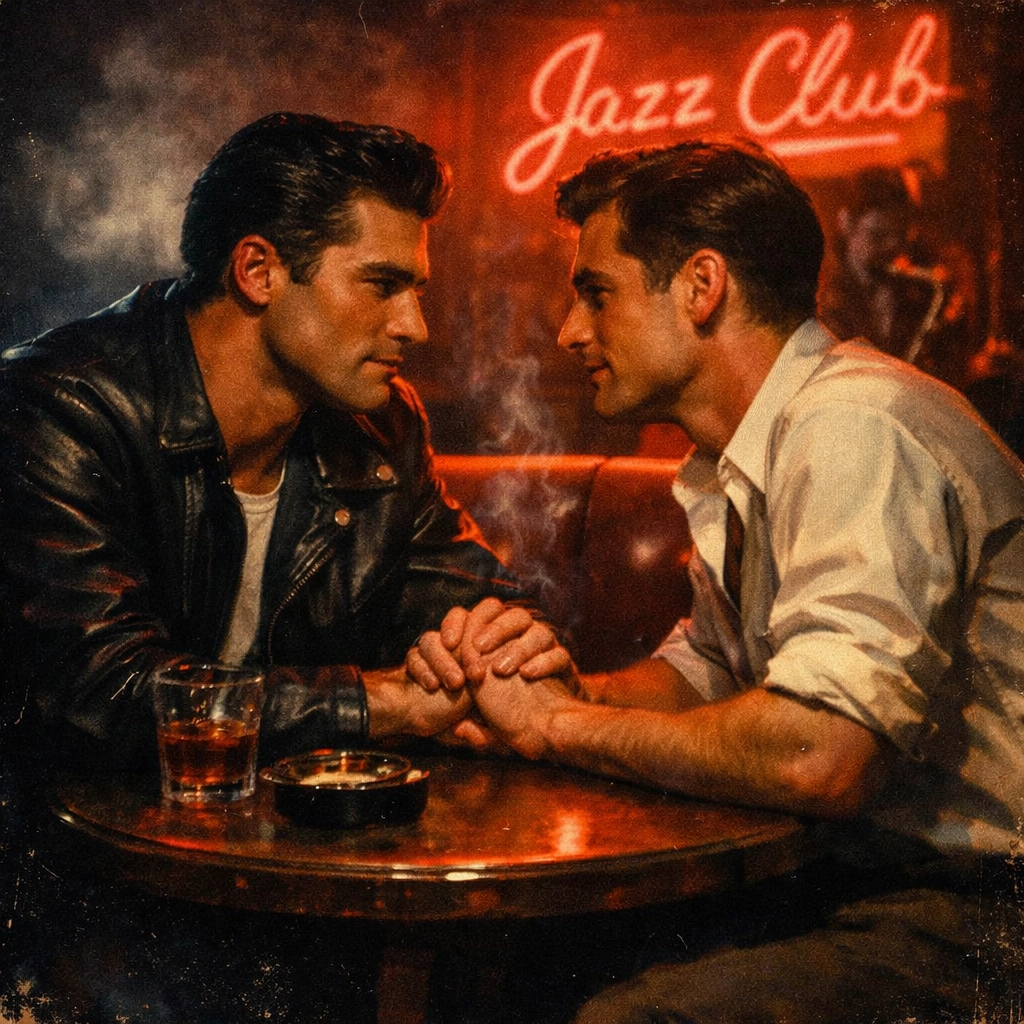 Two men in 1950s fashion holding hands in a neon-lit jazz club booth, representing mid-century queer history.