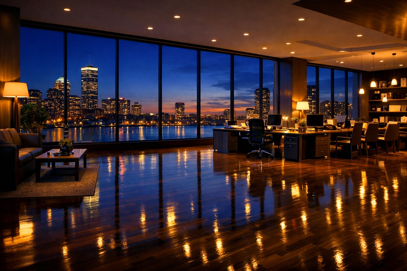 Spotless open-plan office with polished floors and a view of the Boston skyline at twilight.