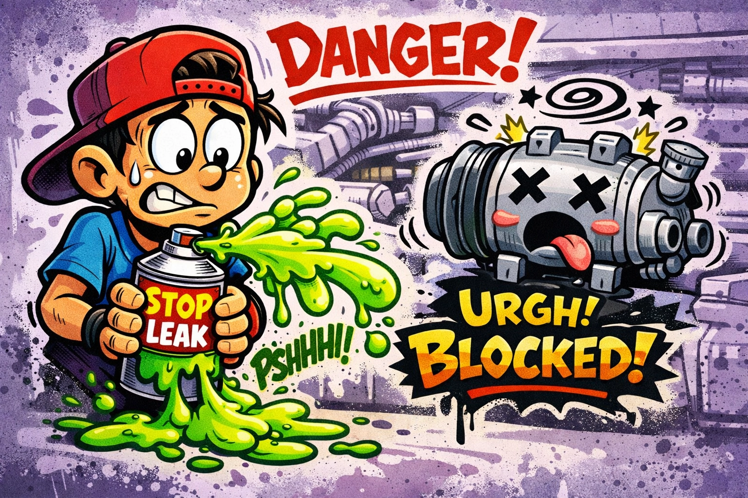 Cartoon showing the risks of DIY AC recharge kits causing system damage instead of professional AC repair.