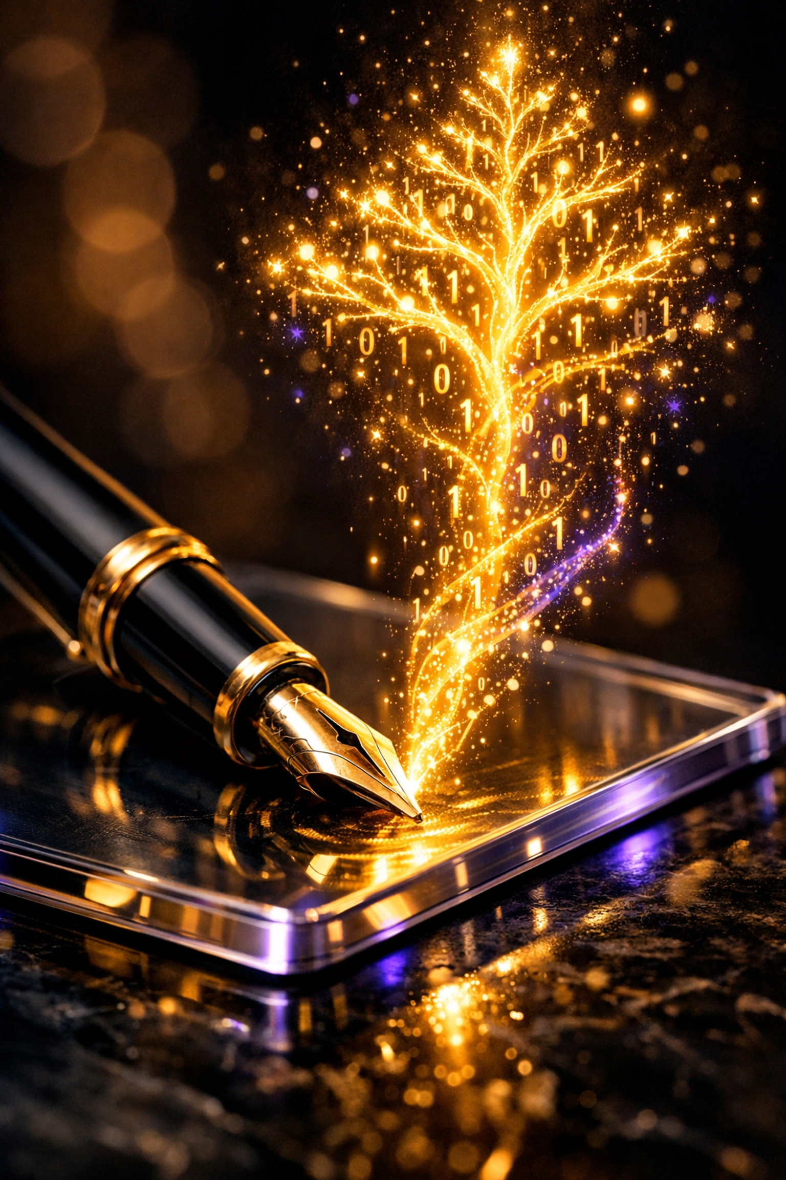 Digital illustration of a pen creating a tree of knowledge, representing high-value technical newsletters.