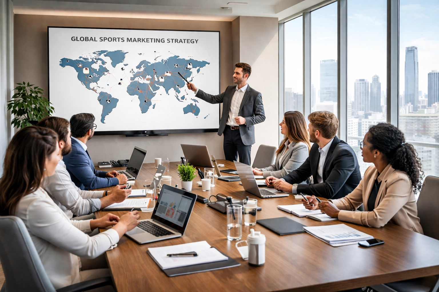 Sports marketing team strategizing around a conference table with global campaign data on a screen