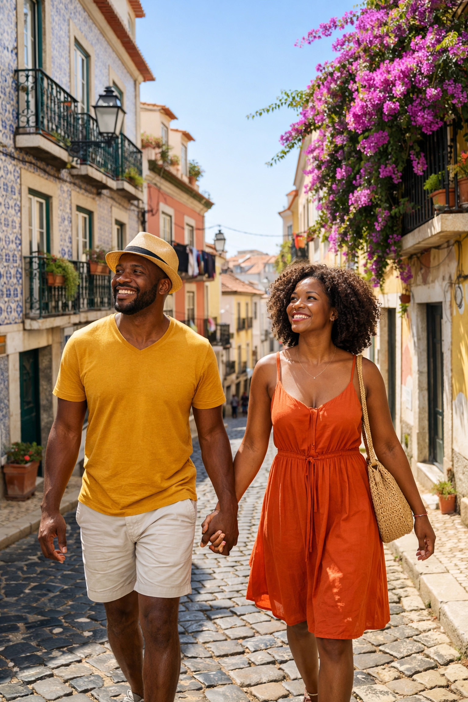 A couple walking through Lisbon, benefiting from a professional travel planning service itinerary.