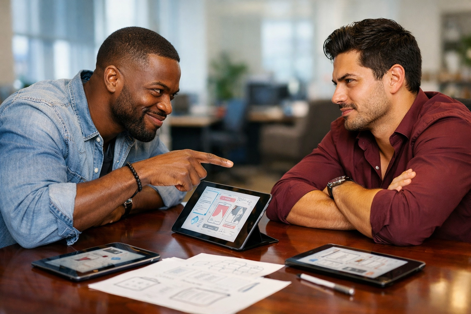 Diverse male colleagues having a flirtatious and competitive debate in a modern boardroom.