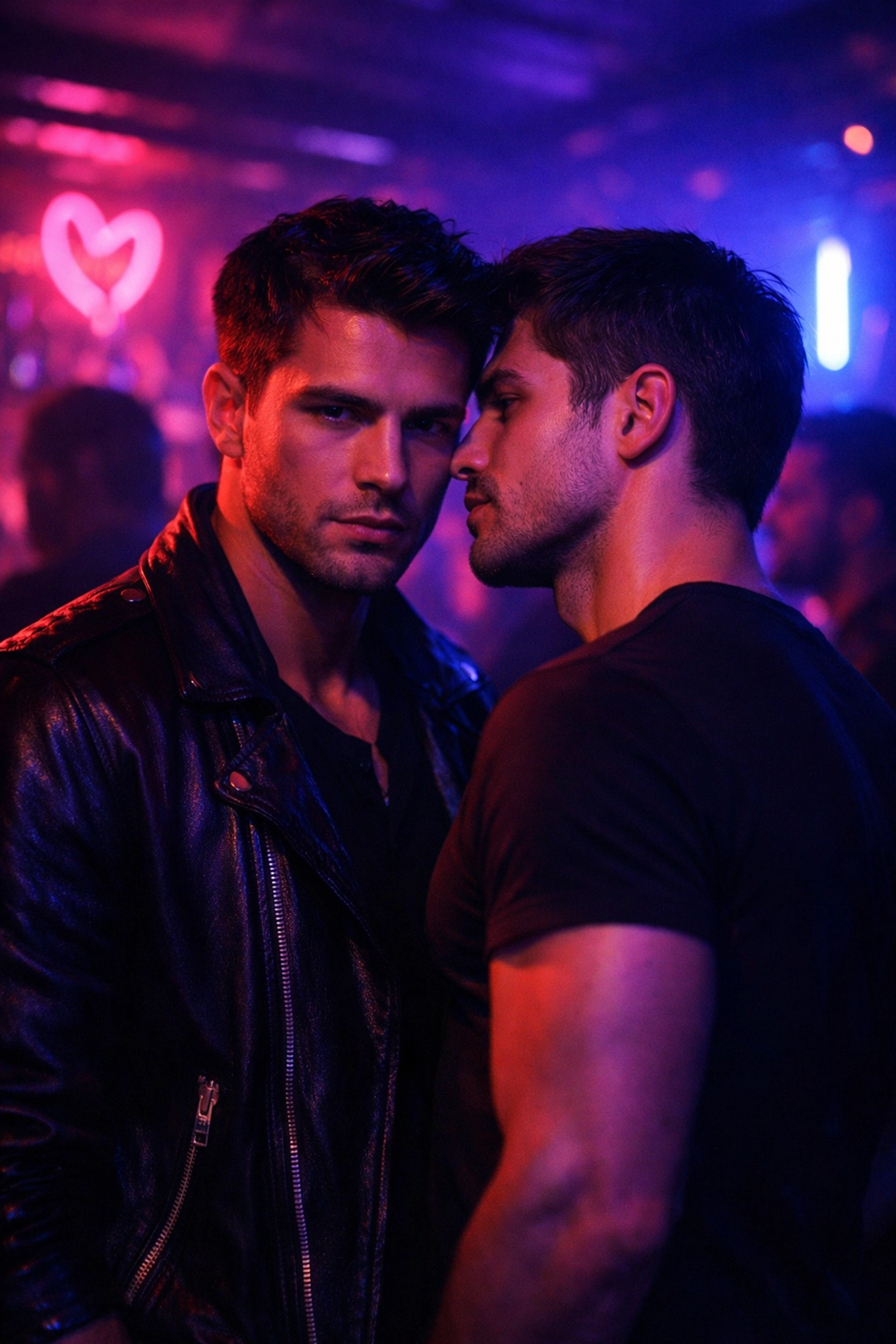 Two men sharing an intense moment in a neon-lit gay bar, capturing MM romance chemistry