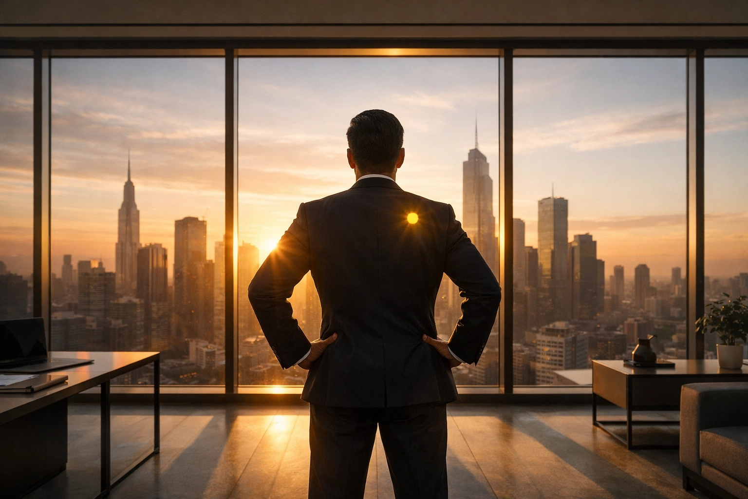 Confident MSP owner overlooking a city skyline, achieving financial clarity and scaling an MSP for exit.