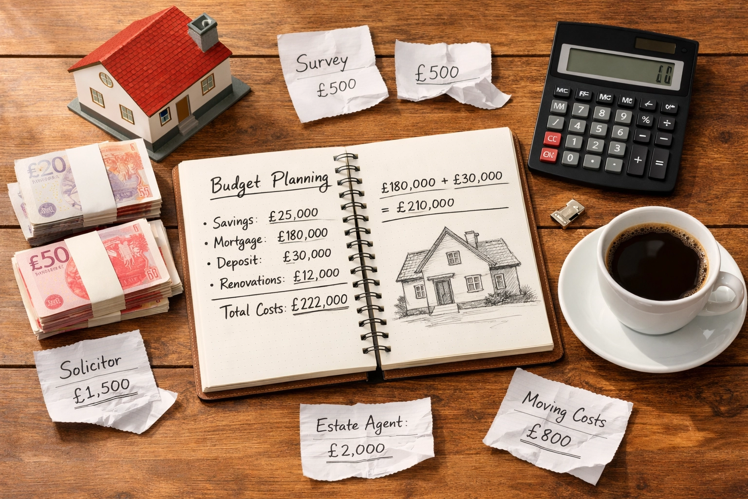 Budget planning for first home purchase showing deposit and additional costs