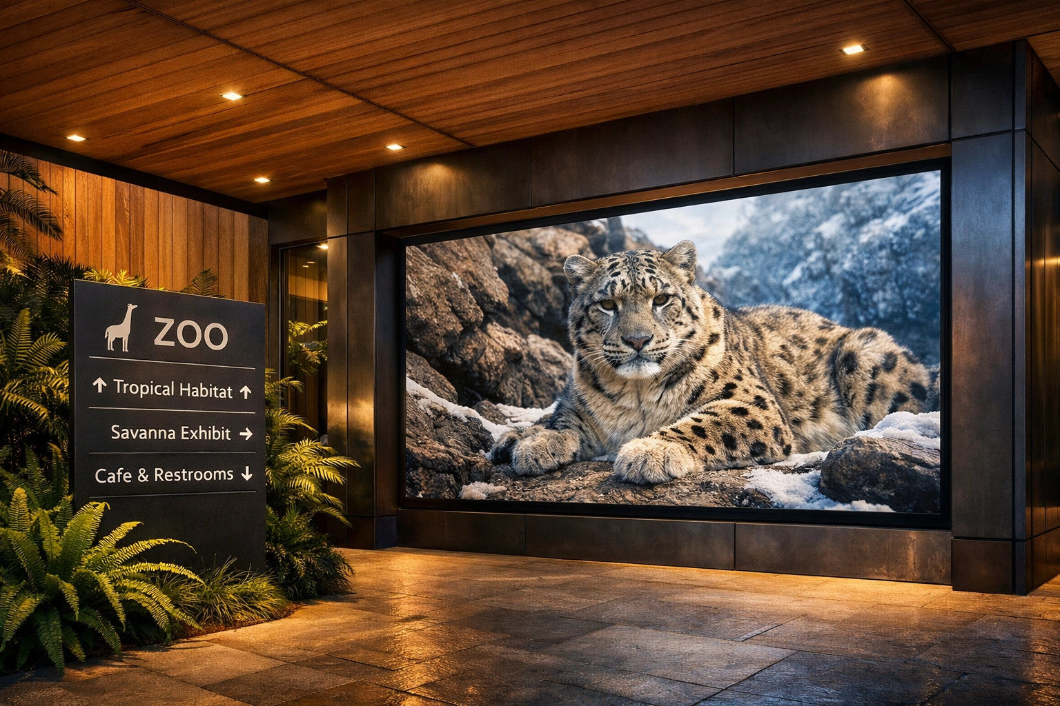 Modern zoo exhibit entrance featuring digital branding and visual communication for a premium visitor experience.