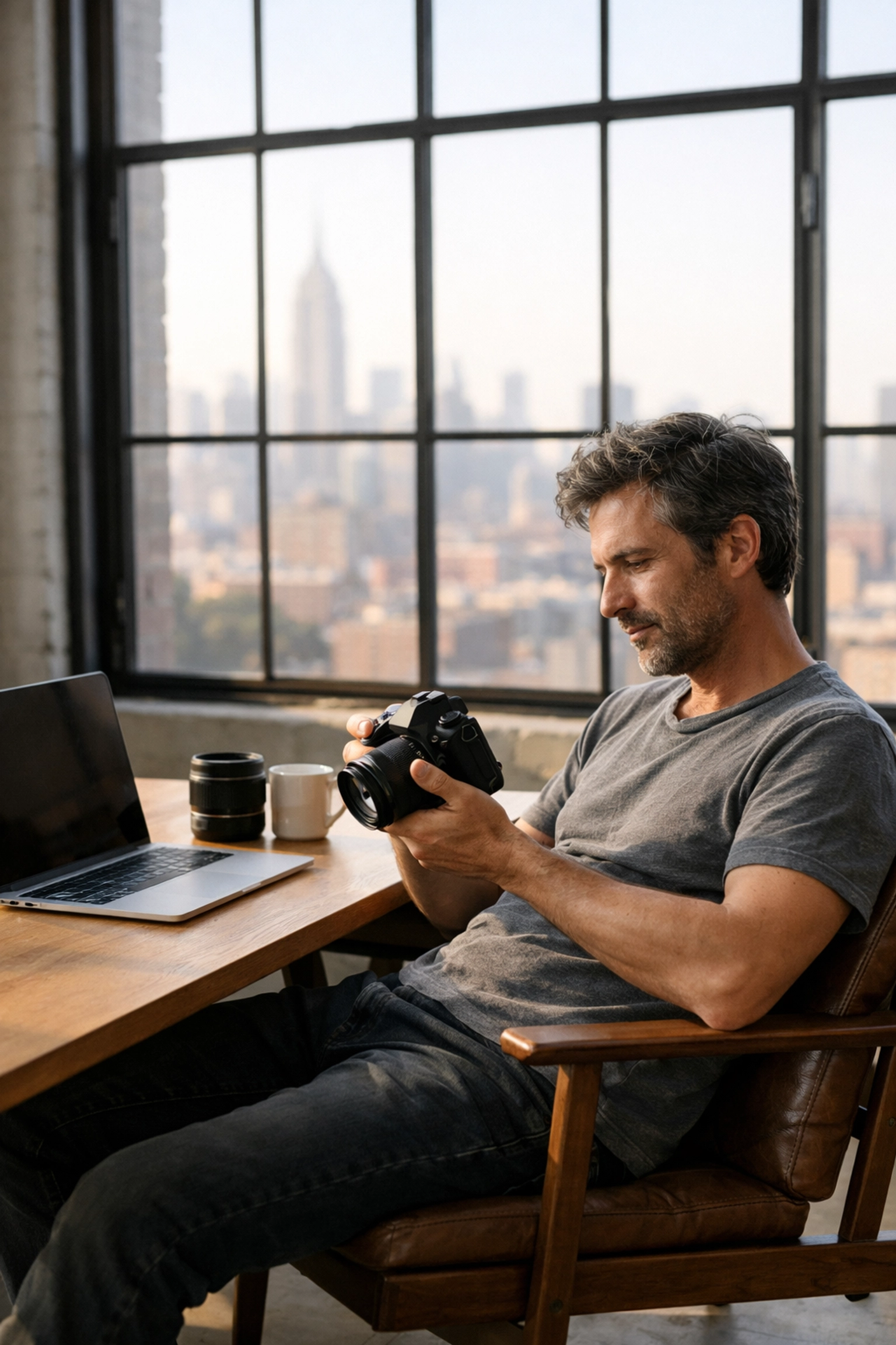 A professional photographer in a Brooklyn studio reviewing work for new jobs for photographers.