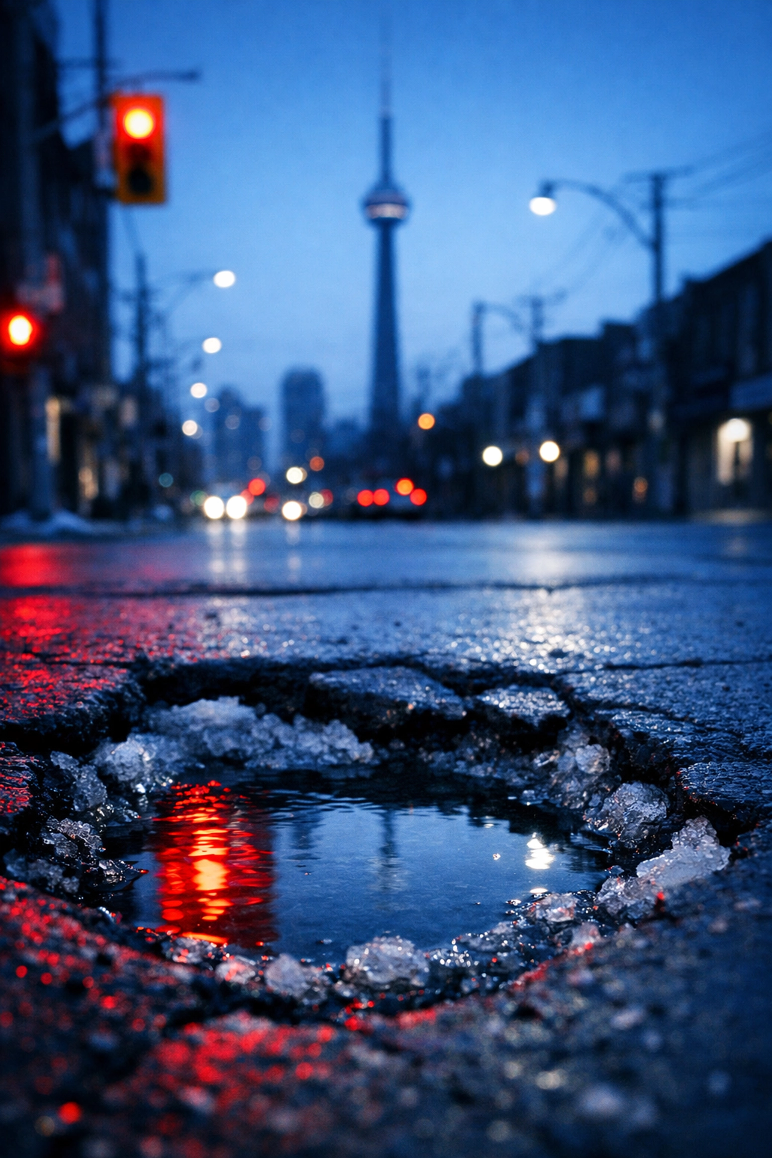 A large pothole on a Toronto street with the CN Tower blurred in the background after a winter deep freeze.