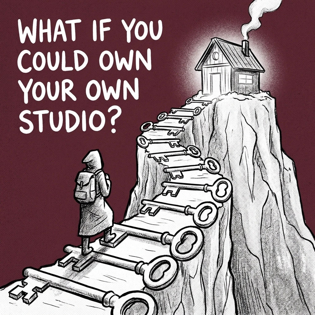 Creator climbing a staircase of keys towards a studio, symbolizing IncluHub's creator-to-owner journey.