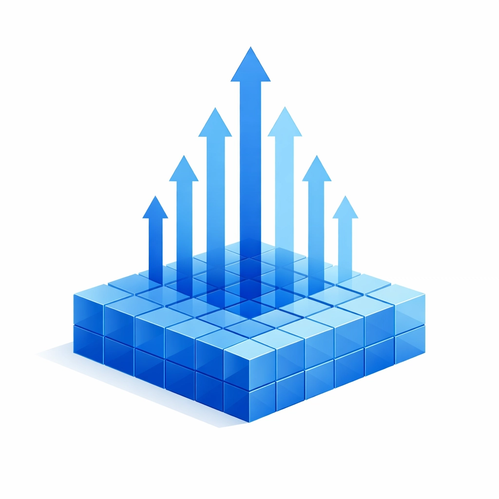 Isometric blocks and rising arrows showing a strong foundation for long-term SEO and traffic growth