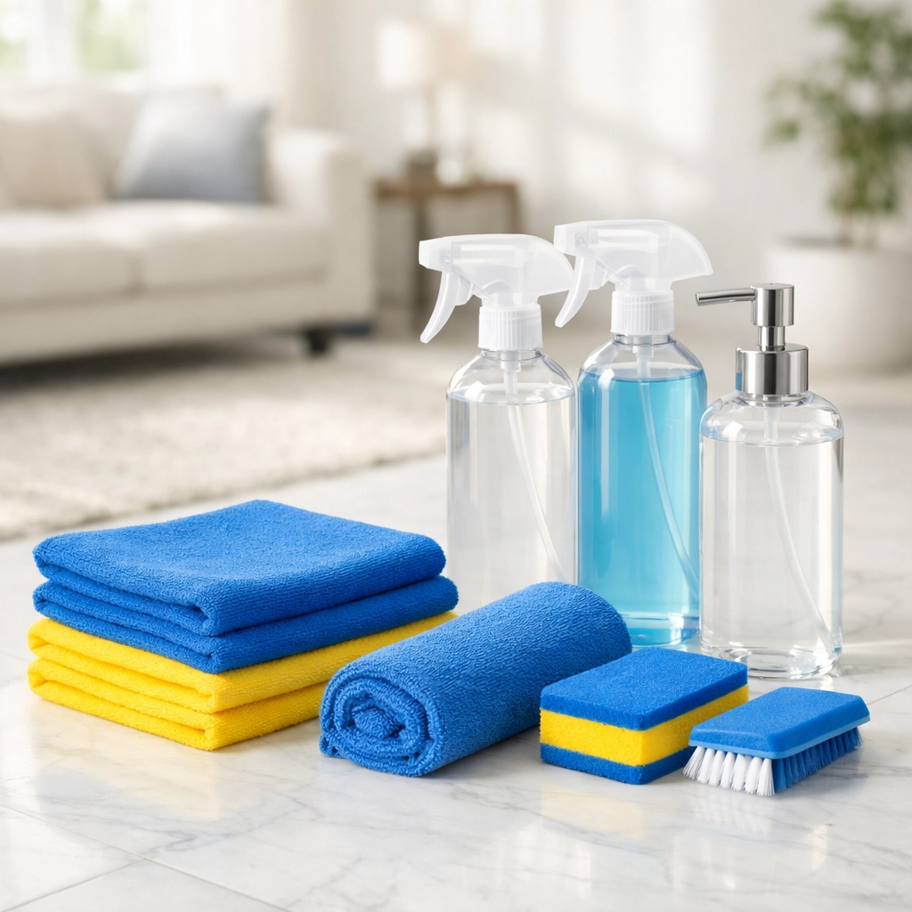 Professional cleaning supplies and cloths prepared for a high-quality residential cleaning in Massachusetts.