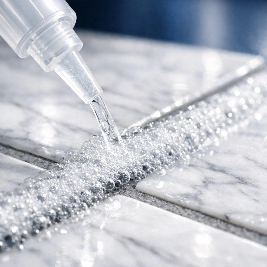 Oxygen bleach bubbles fizzing and lifting stains from marble tile grout lines.