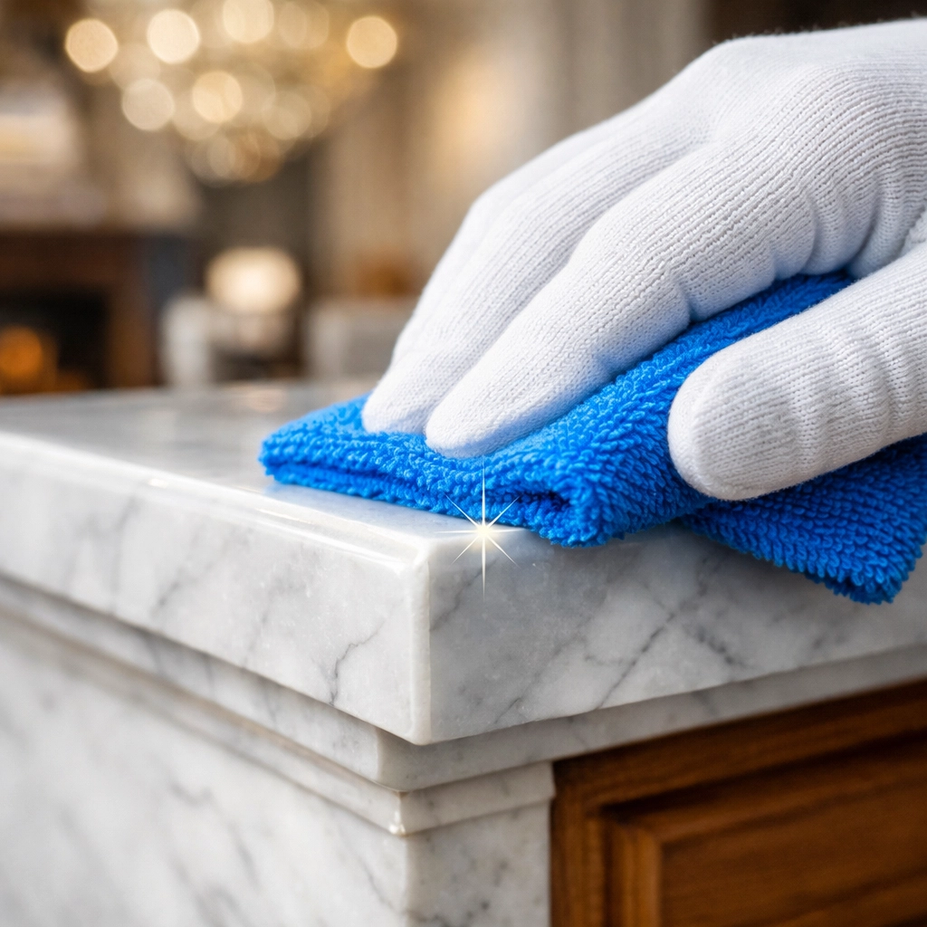 Professional cleaner using a microfiber cloth to clean a white marble mantle.