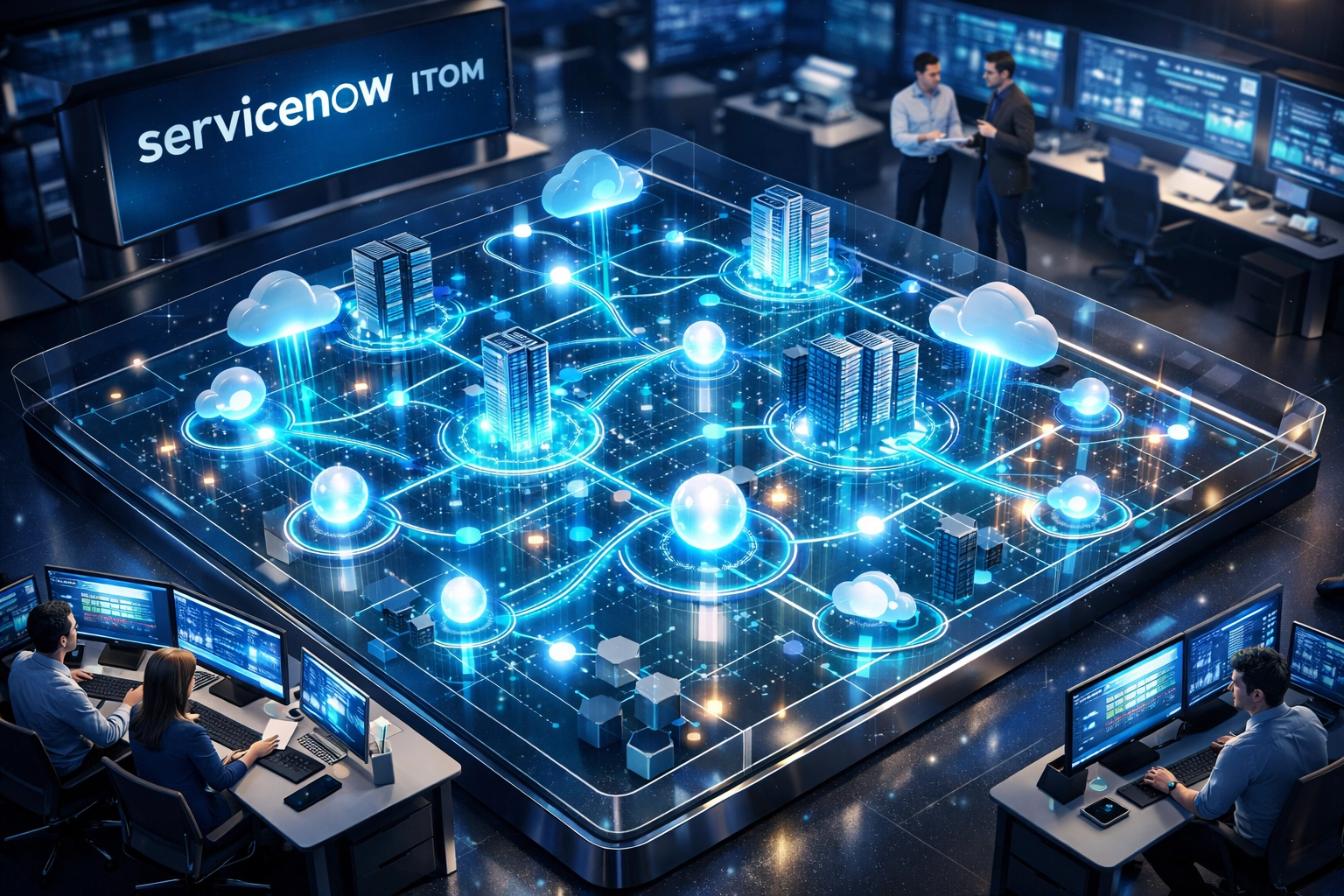 Agentic AI neural network managing ServiceNow ITOM infrastructure with automated configuration optimization