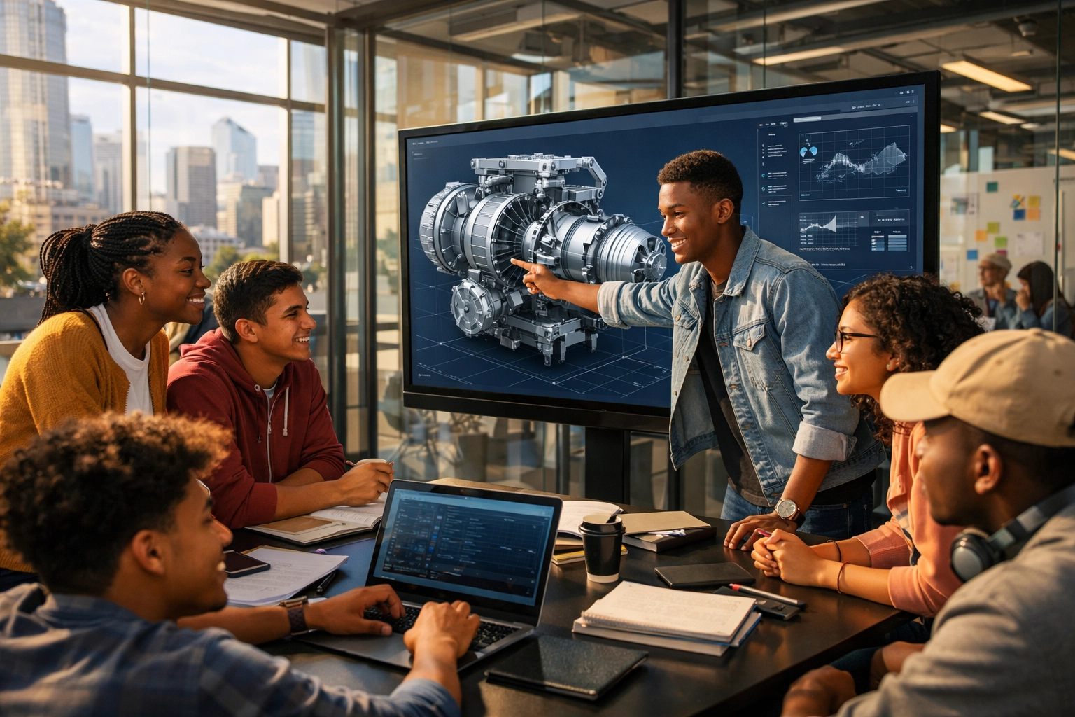 Diverse students collaborating in a corporate innovation hub, building a more inclusive STEM talent pipeline.