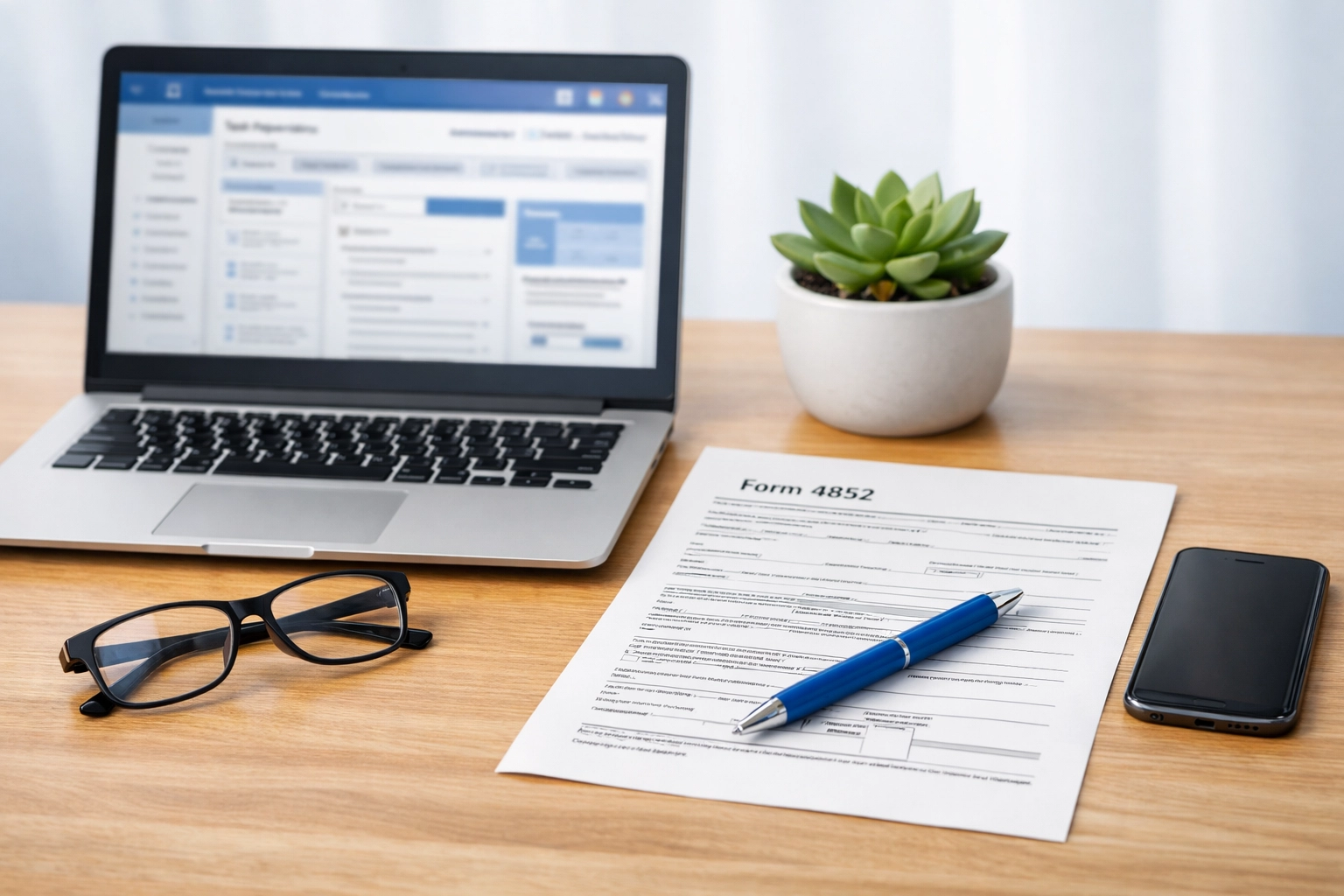Form 4852 substitute tax form on desk with laptop for filing without W-2