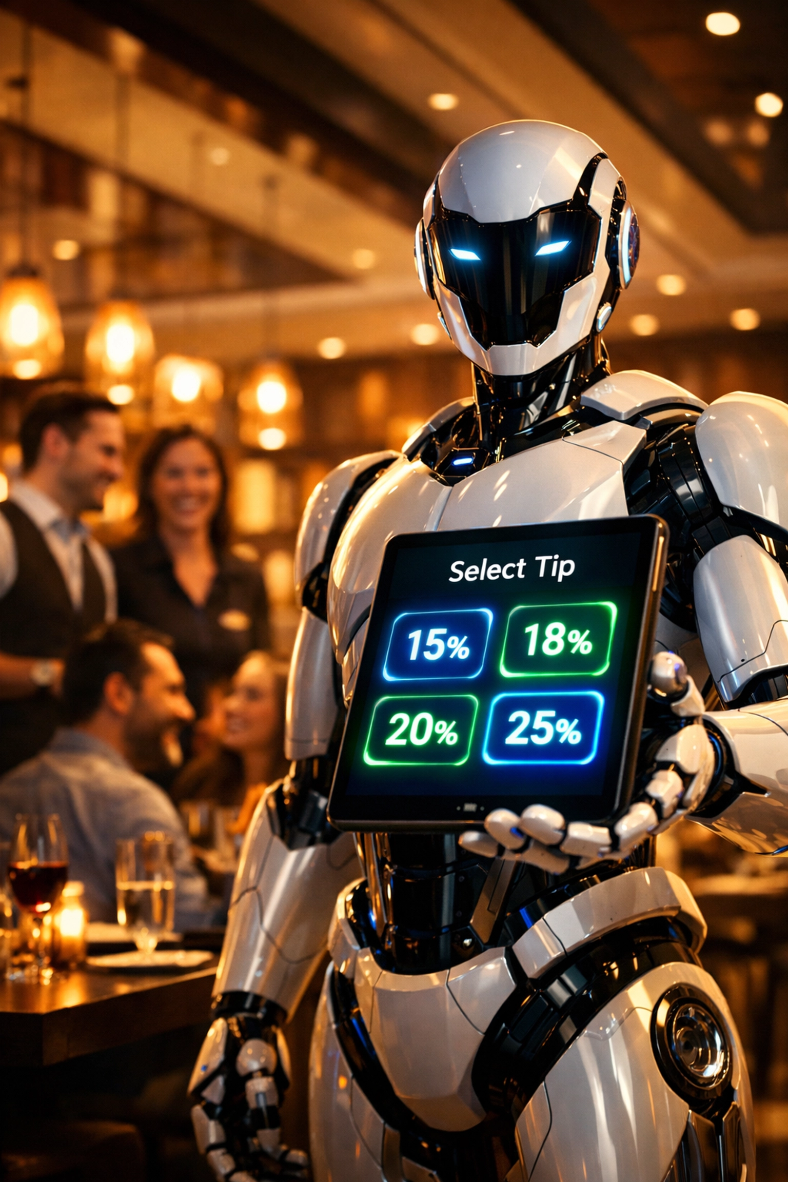 Robot waiter displaying digital tipping screen in modern restaurant with human servers engaging guests