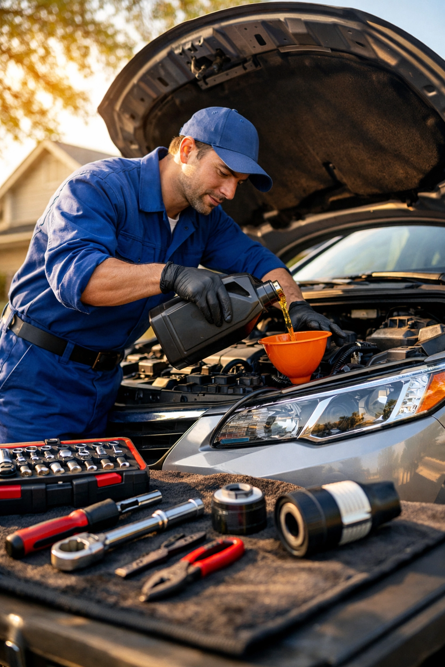 Mobile mechanic performing oil change in customer's driveway with professional tools