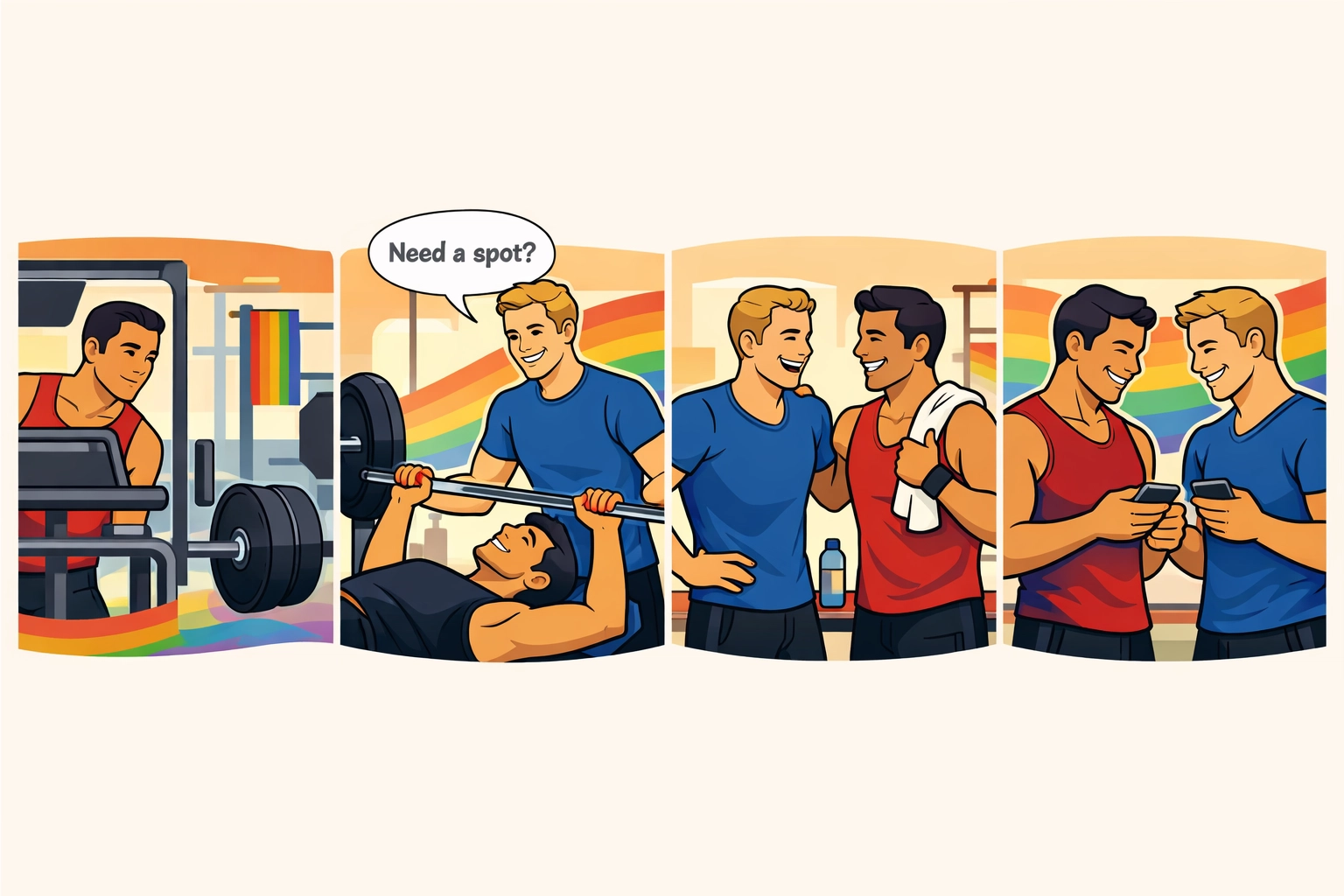 Four-panel progression showing gym romance from first glance to exchanging numbers