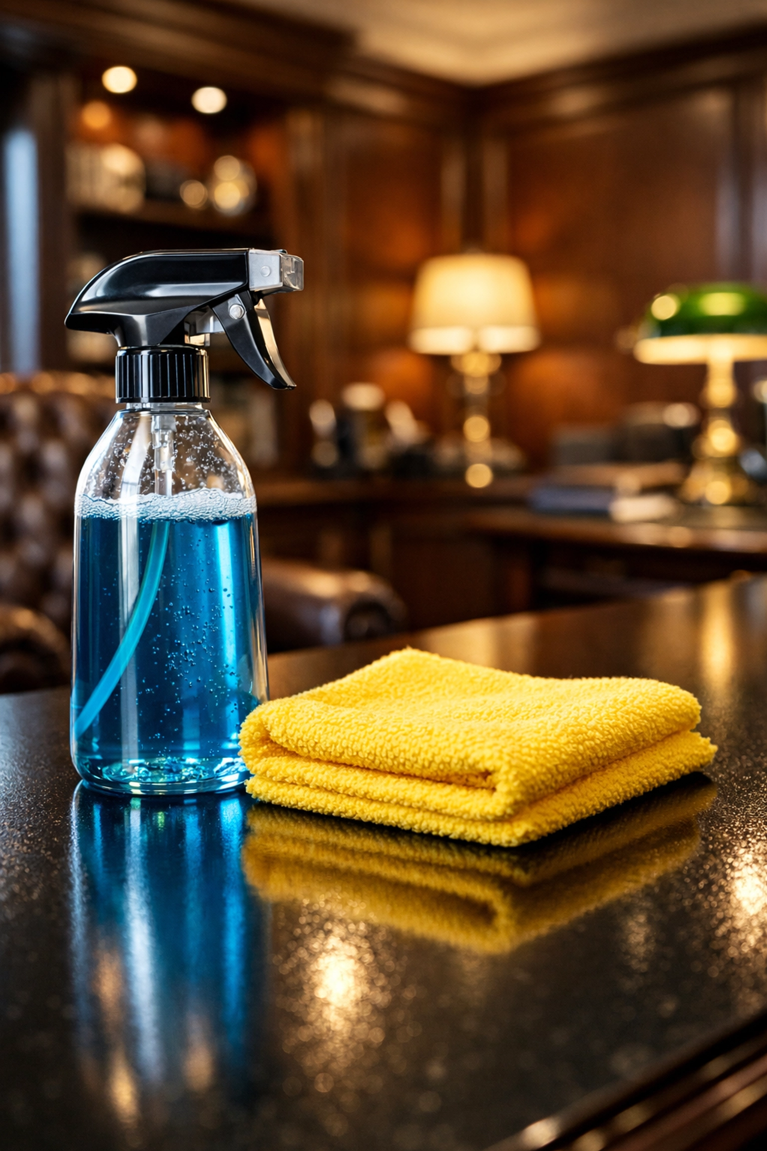 Eco-friendly tools used for professional office cleaning in Marlborough on an executive desk.