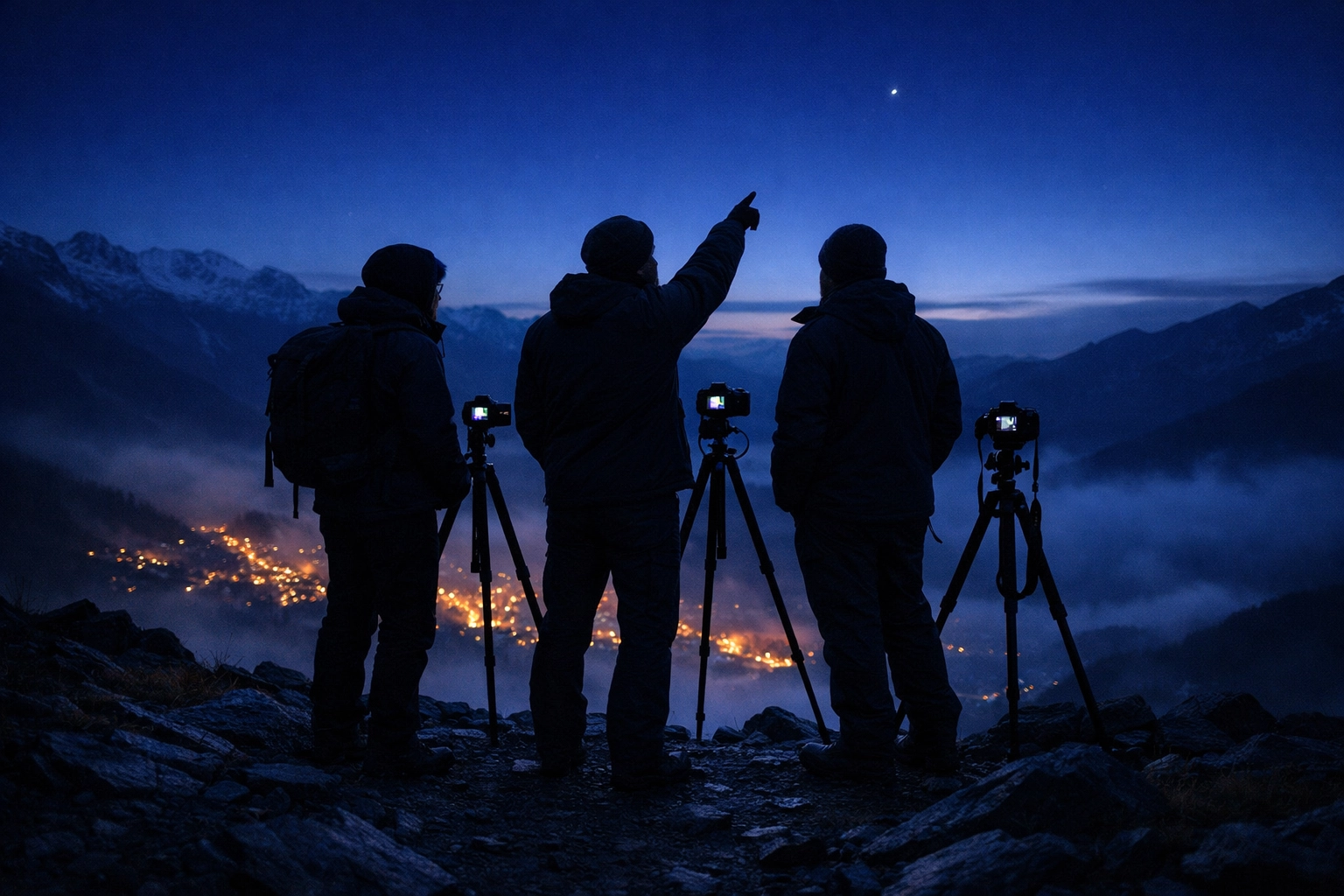 Photographers on a mountain ridge at blue hour, sharing tips from the latest photography tutorials and news.