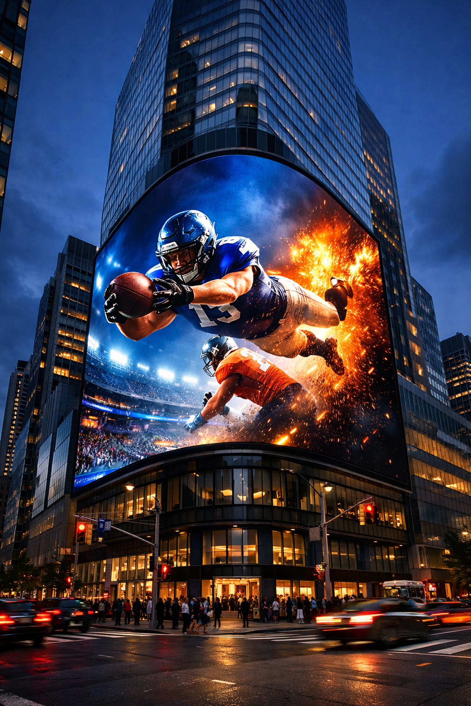 A curved digital billboard on an urban skyscraper highlights modern sports media advertising tech.