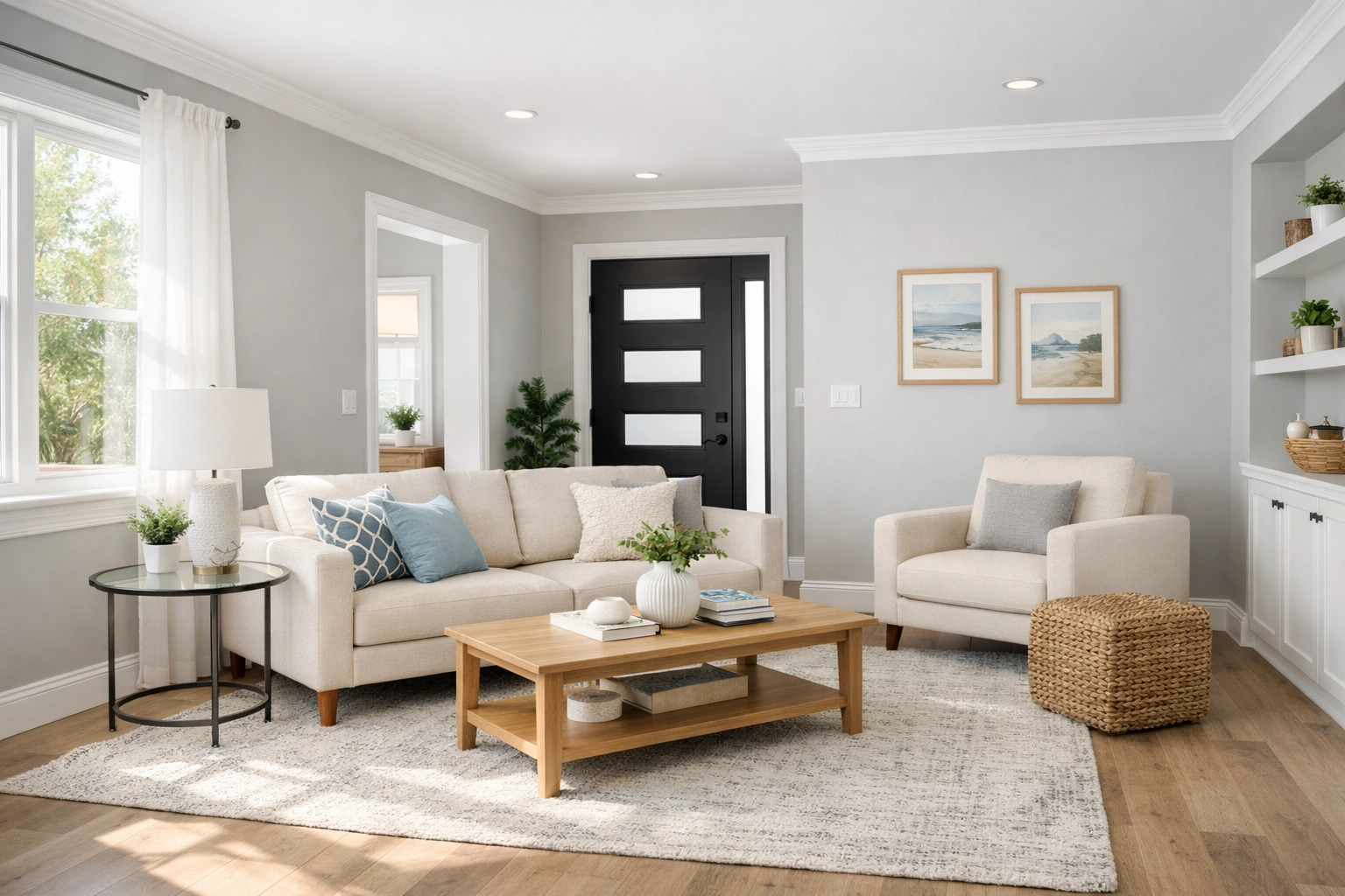 Freshly painted Cape Coral living room with neutral gray walls and black front door boosting home value