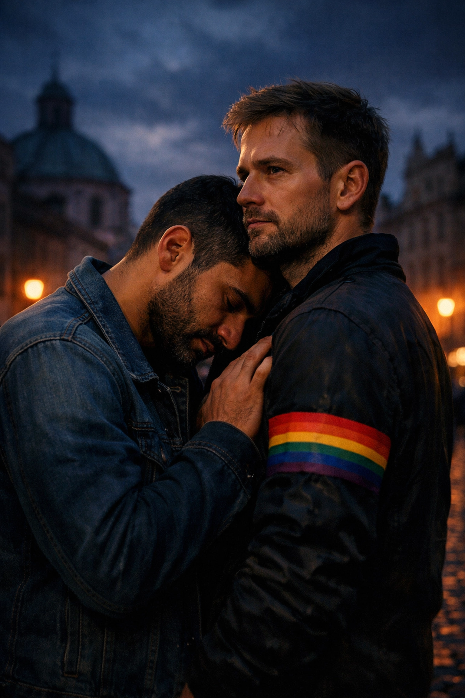A diverse gay couple showing solidarity in a European square, reflecting the resilience found in queer fiction.