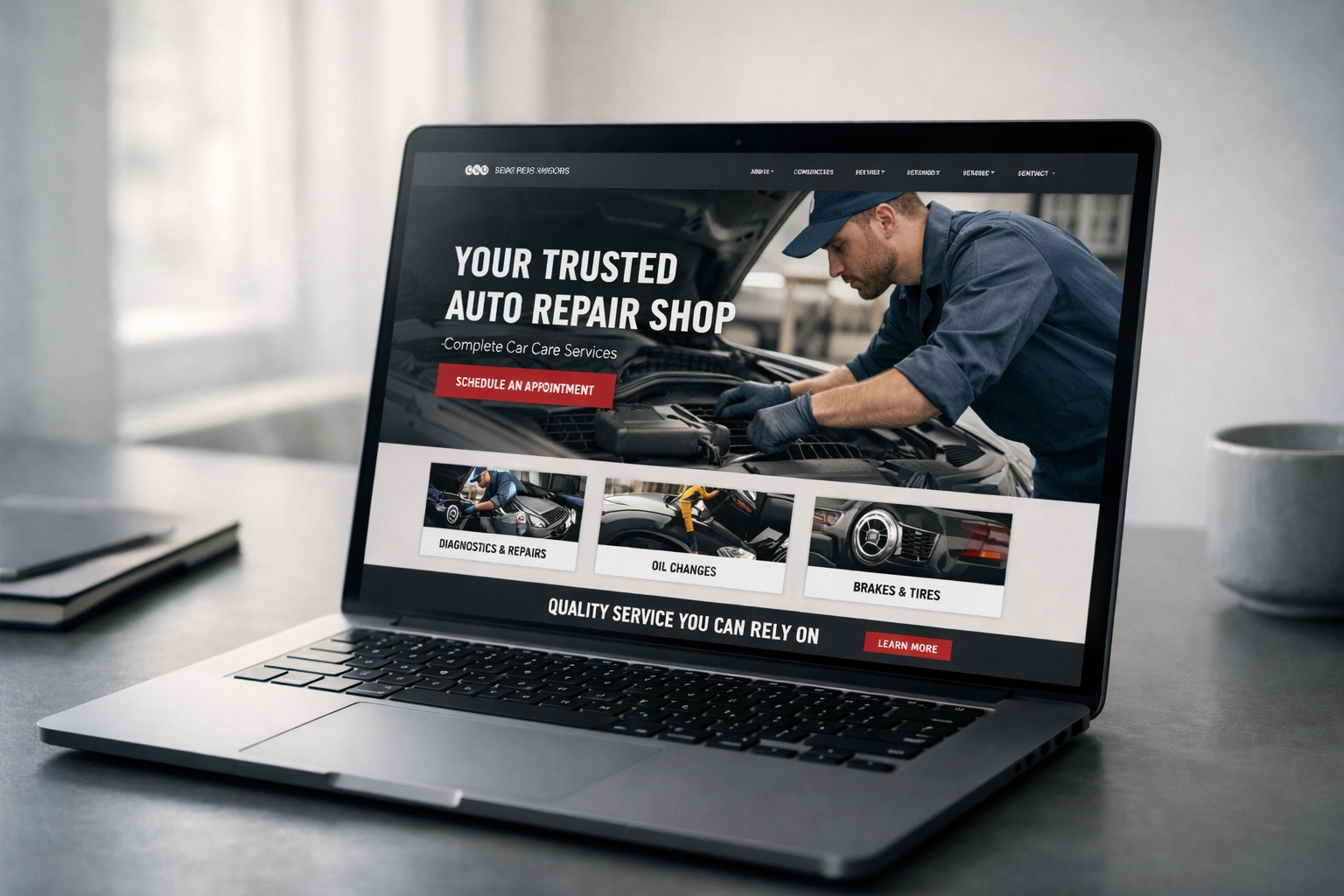 Auto repair shop website displayed on laptop for digital marketing