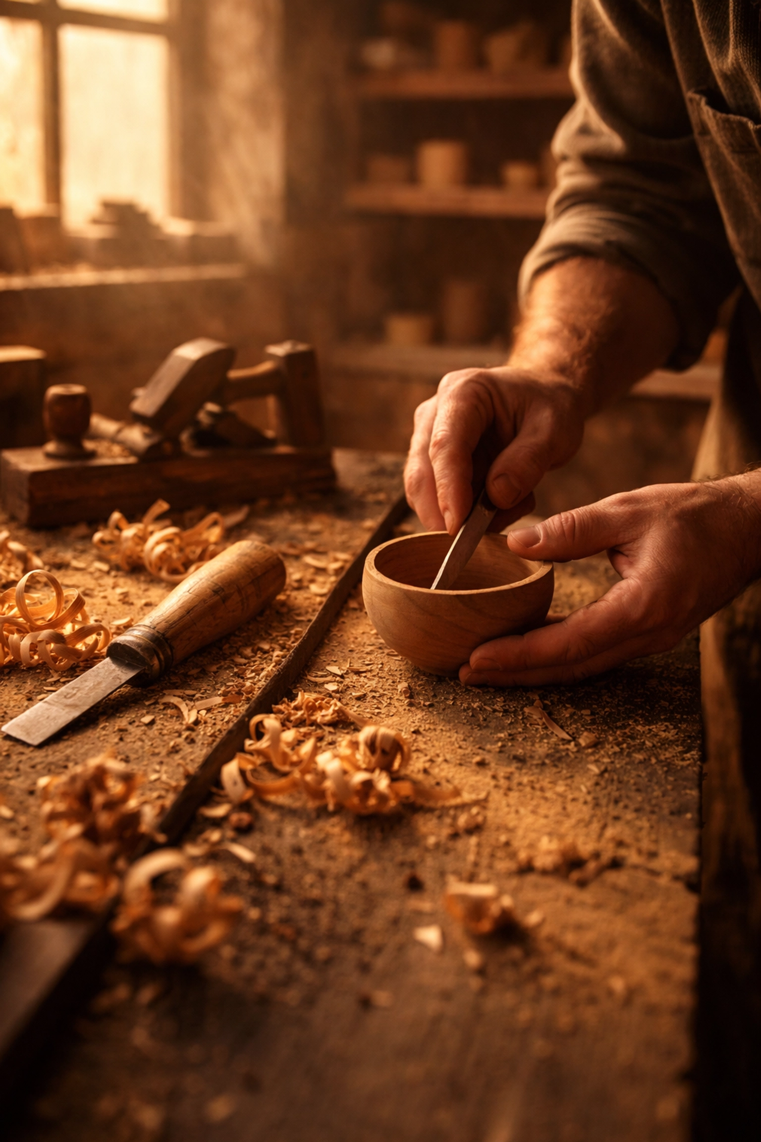 Artisan woodworker shaping a decorative bowl by hand using low-waste, sustainable woodworking practices