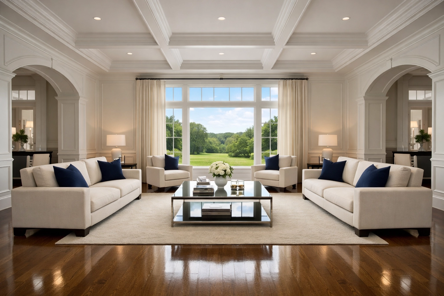 Pristine luxury living room in a Massachusetts estate showcasing professional residential cleaning Massachusetts.