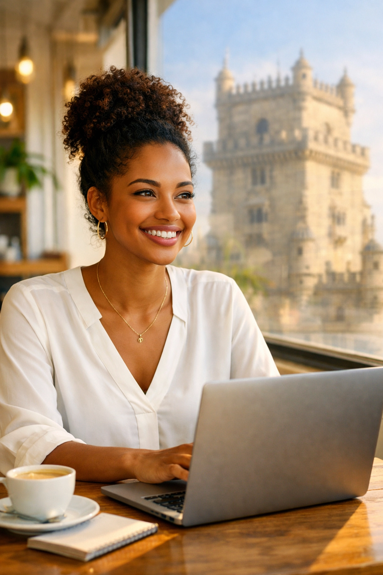 Estudante cabo-verdiana sorridente num café a consultar o plano financeiro estudo portugal.