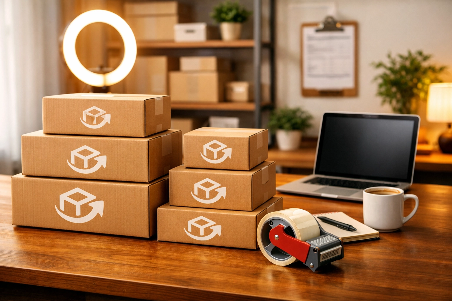 Professional home office and shipping station for a full-time eBay reseller with boxes and listing equipment.