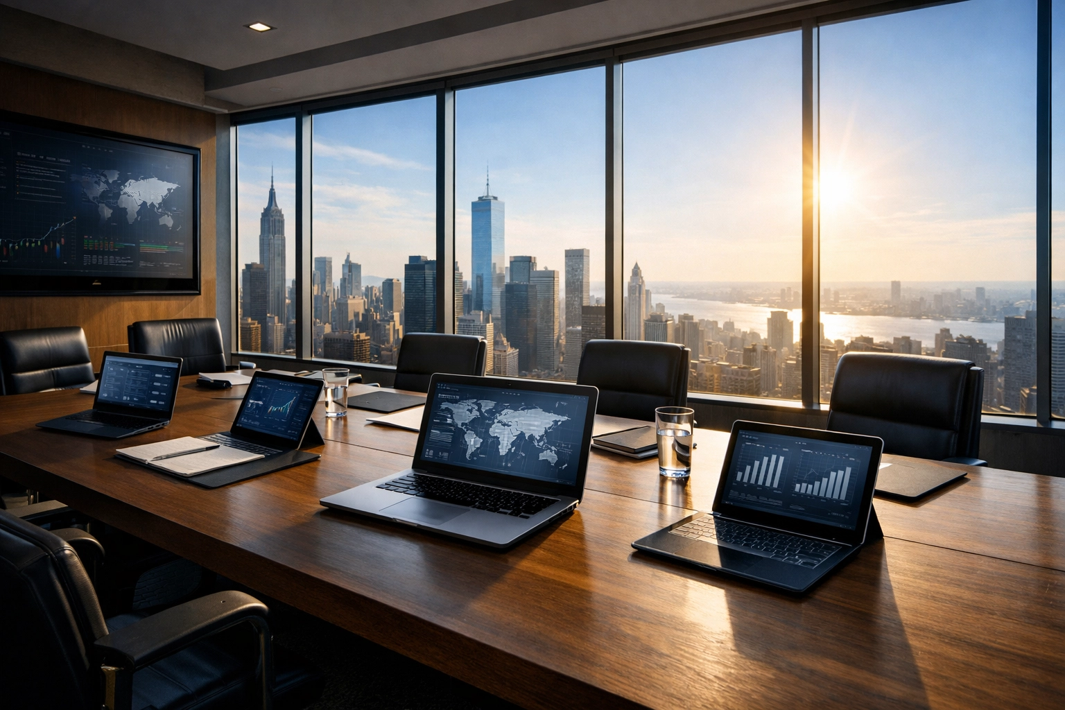The Executive’s Guide to Mastering the Super Bowl Branding Blitz Executive team strategy room for planning a high-stakes Super Bowl branding blitz with skyline view.