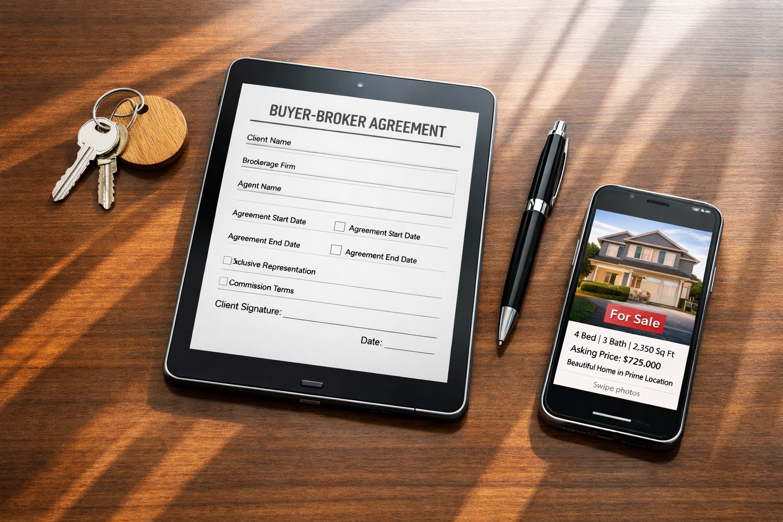 Real estate agent desk with buyer-broker agreement form and house keys for home tour