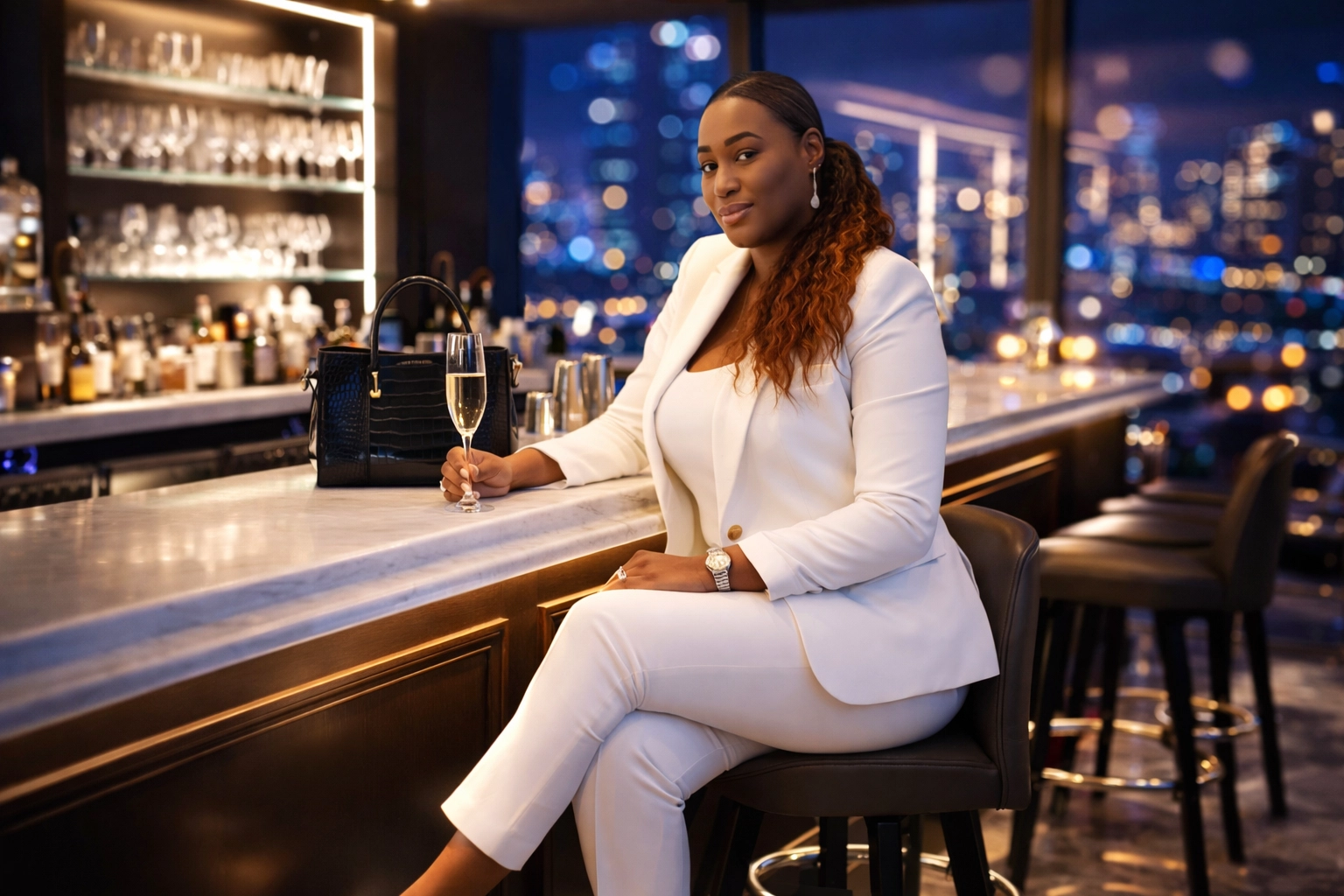 A confident woman at an upscale bar
