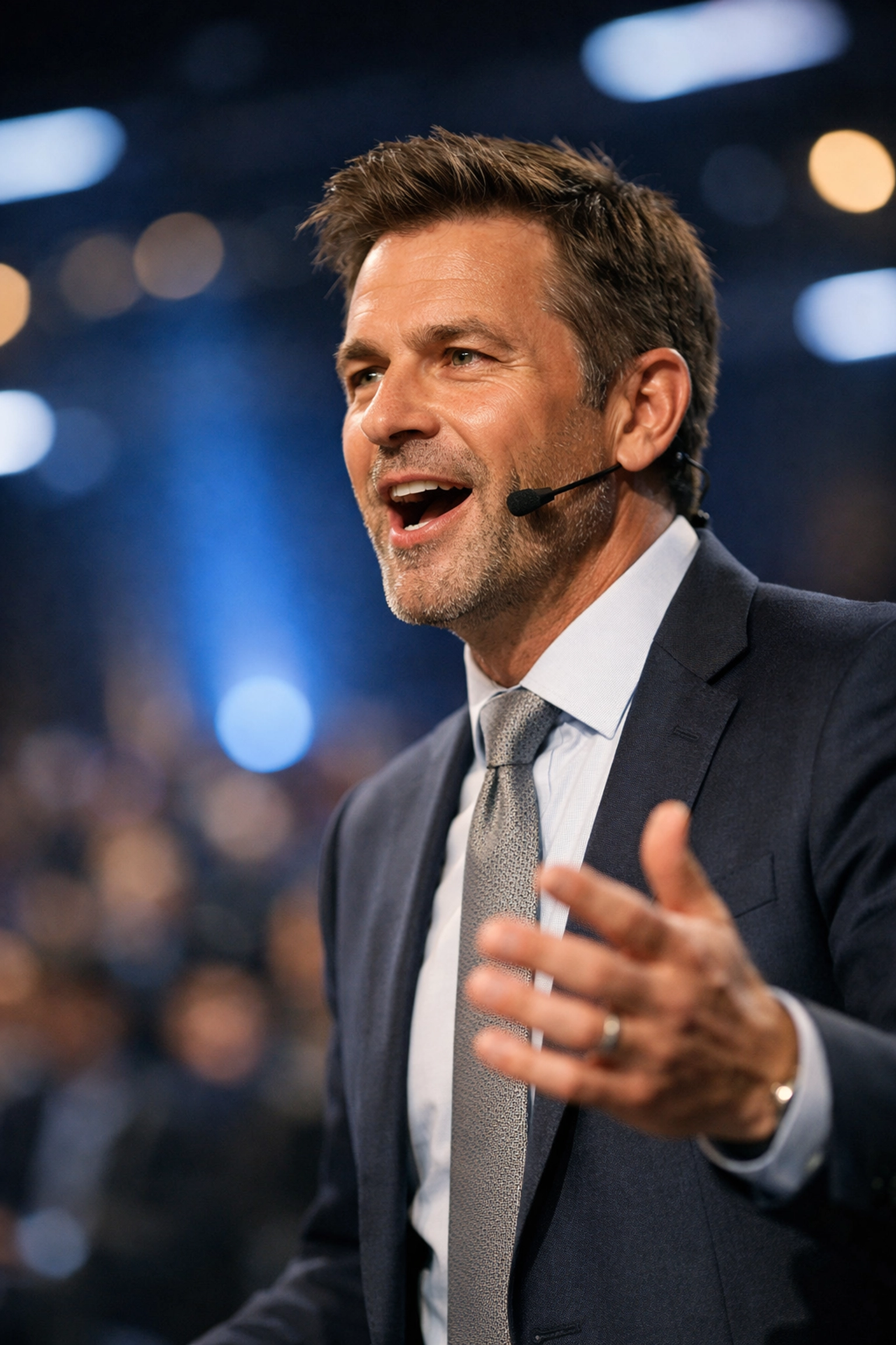 Expert conference photographer Miami captures a sharp portrait of a speaker in a high-tech hall.