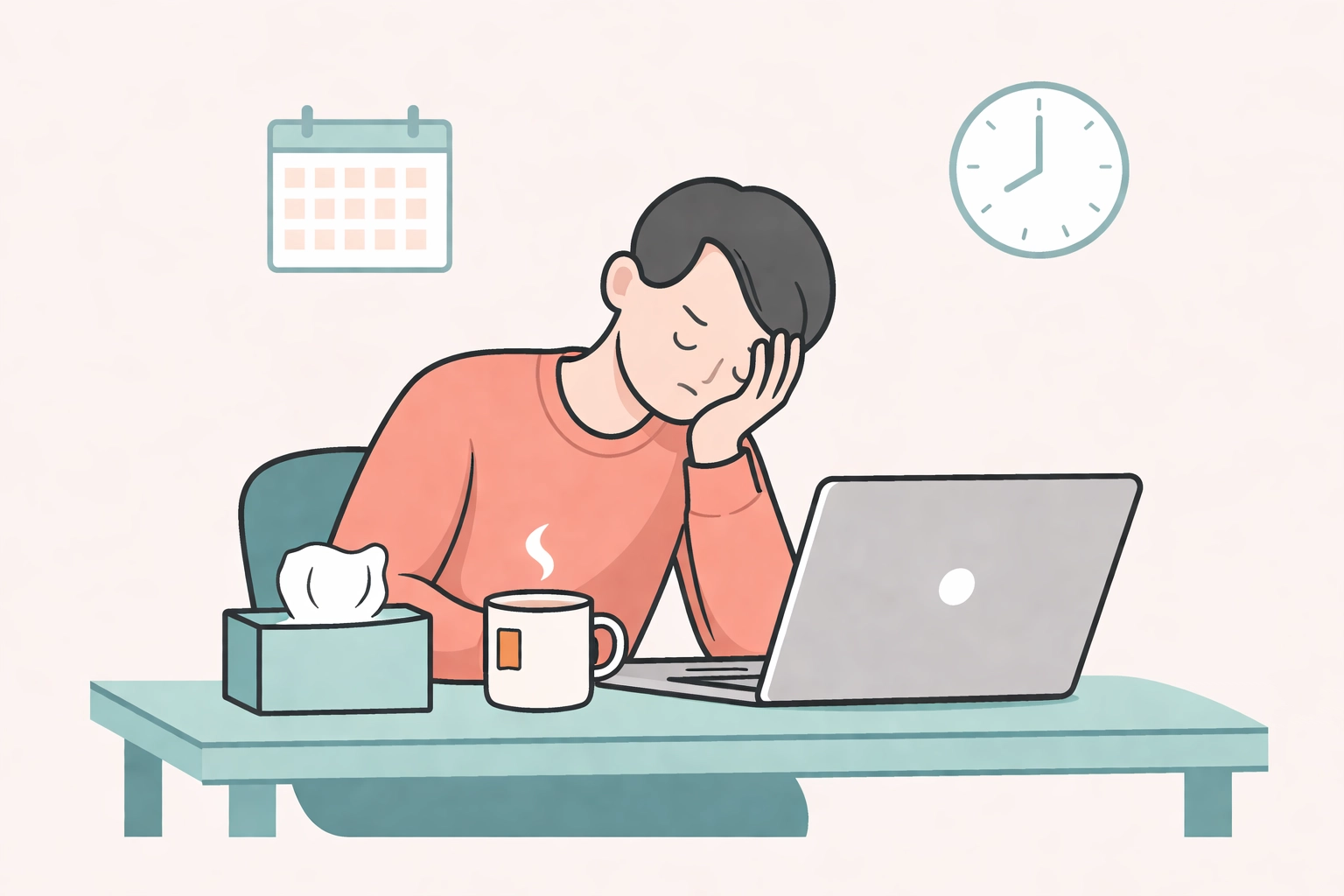 Flat vector illustration of a fatigued office worker struggling at a desk, symbolizing presenteeism in the workplace.
