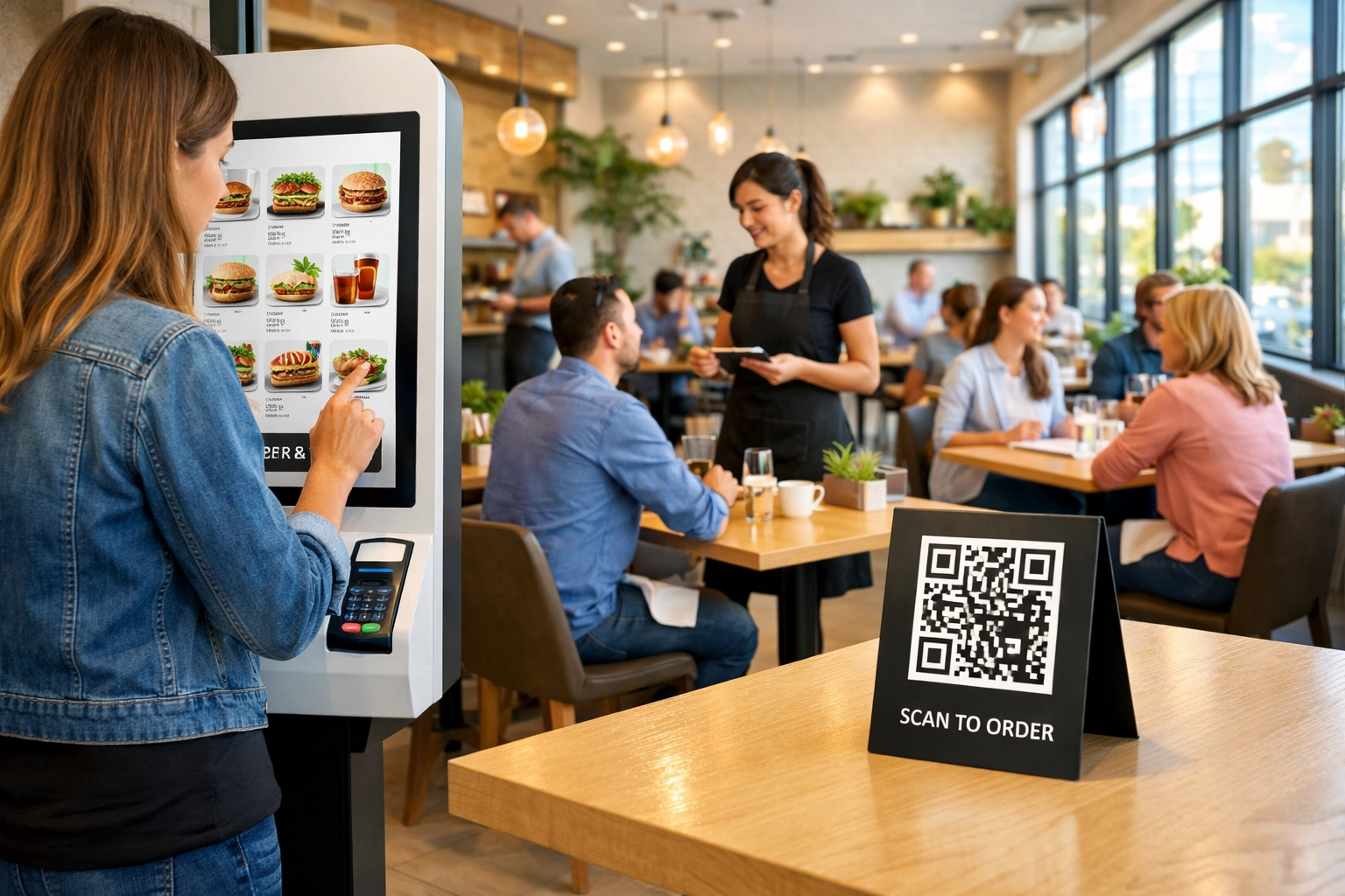 Modern restaurant with multichannel ordering including self-service kiosk and table service