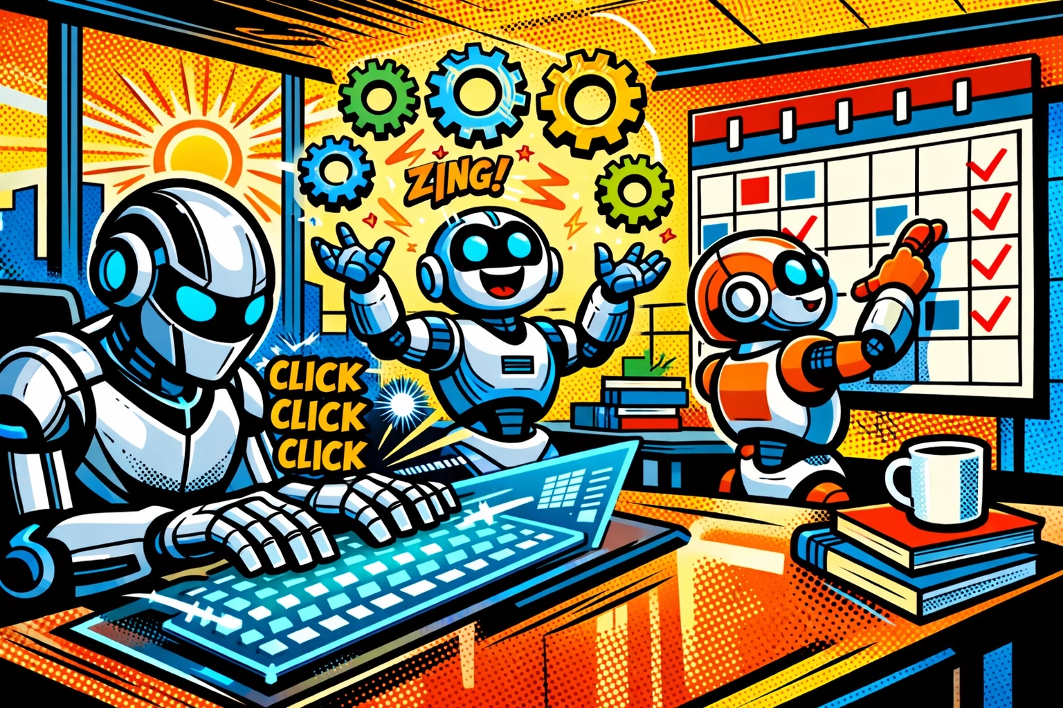 Efficient robots using business automation tools to manage office tasks and digital calendars.