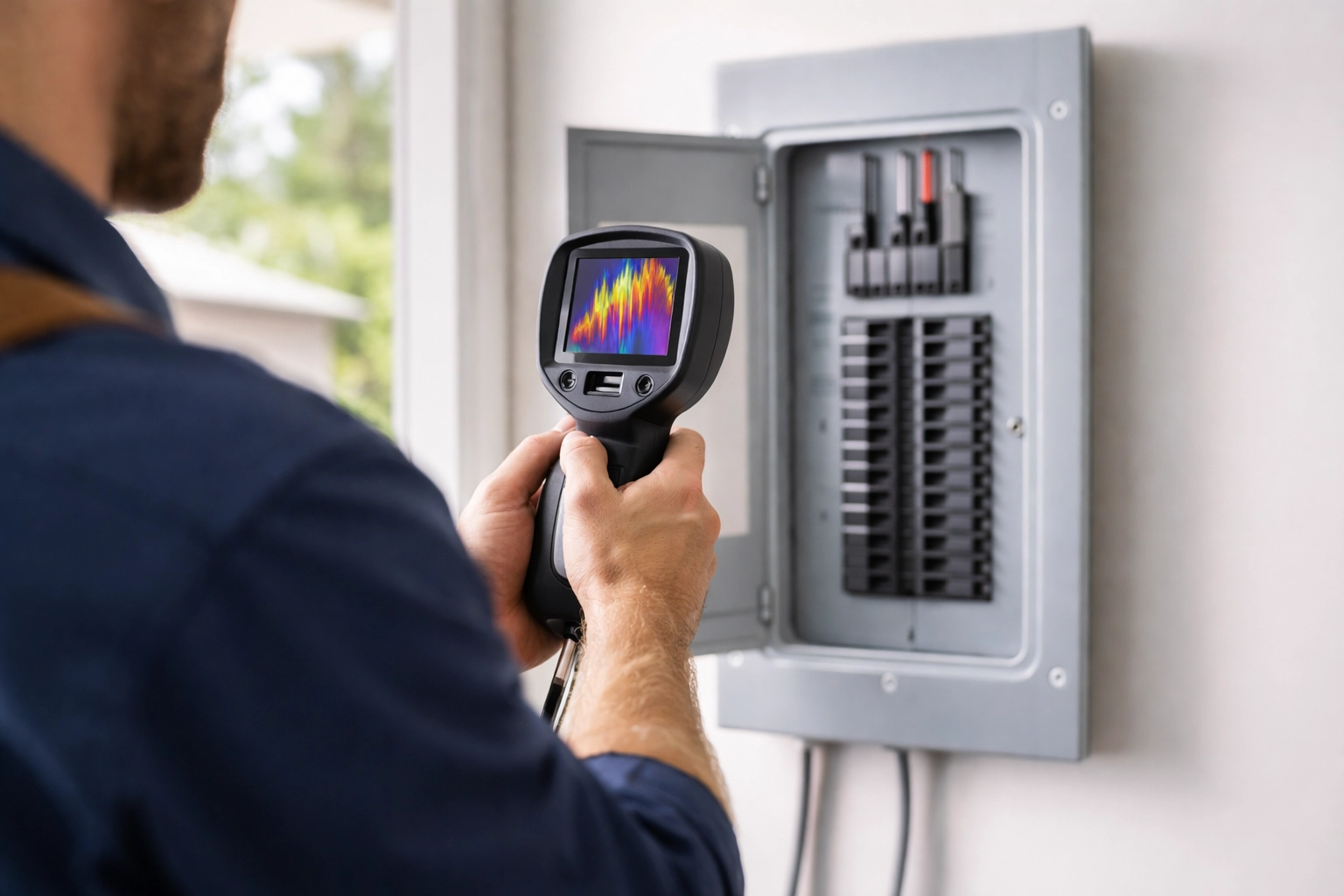 Electrician using a thermal imaging camera to inspect an electrical panel for fire risks in Atlanta homes