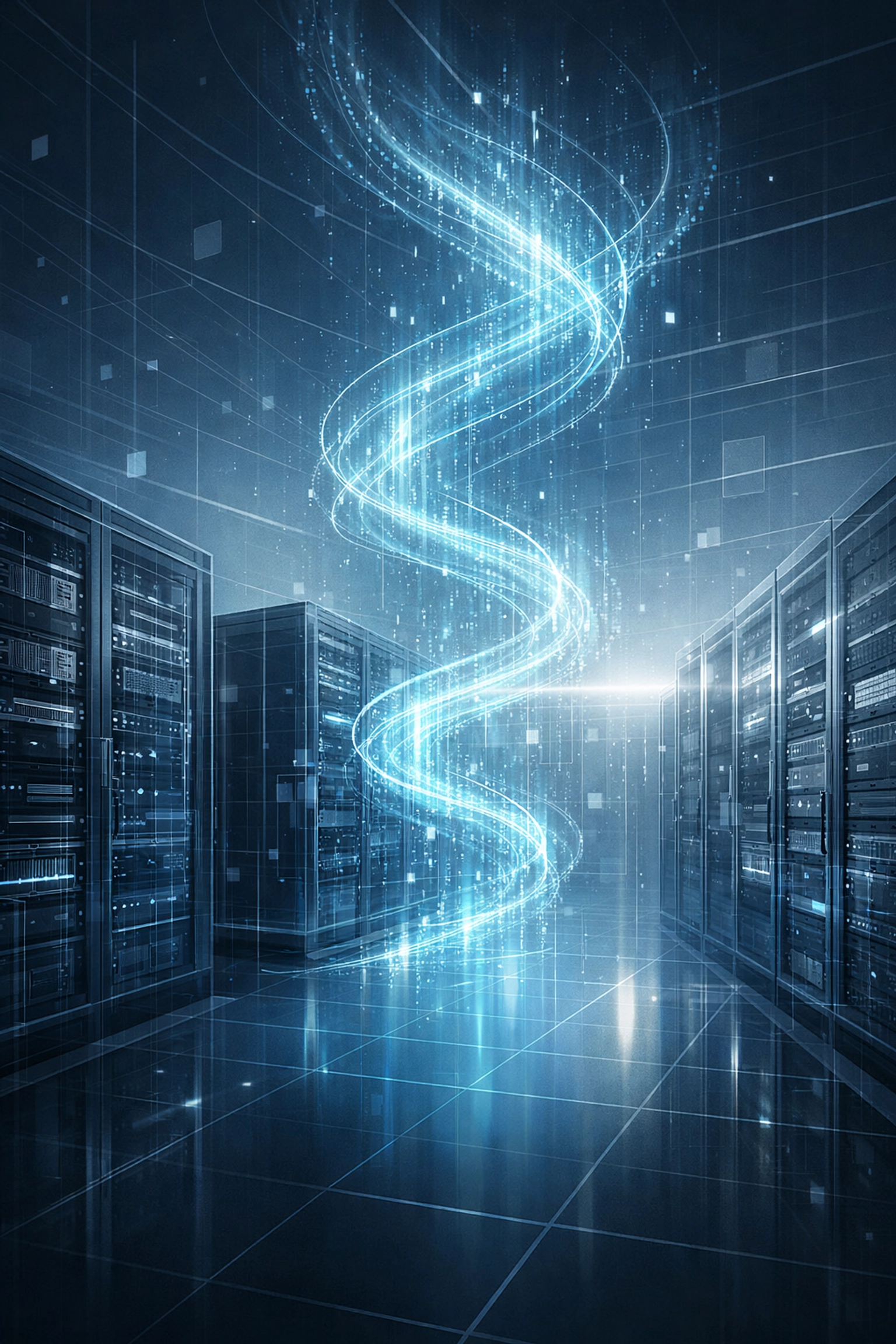 Digital IT infrastructure assessment showing data streams moving from physical servers to cloud environments.