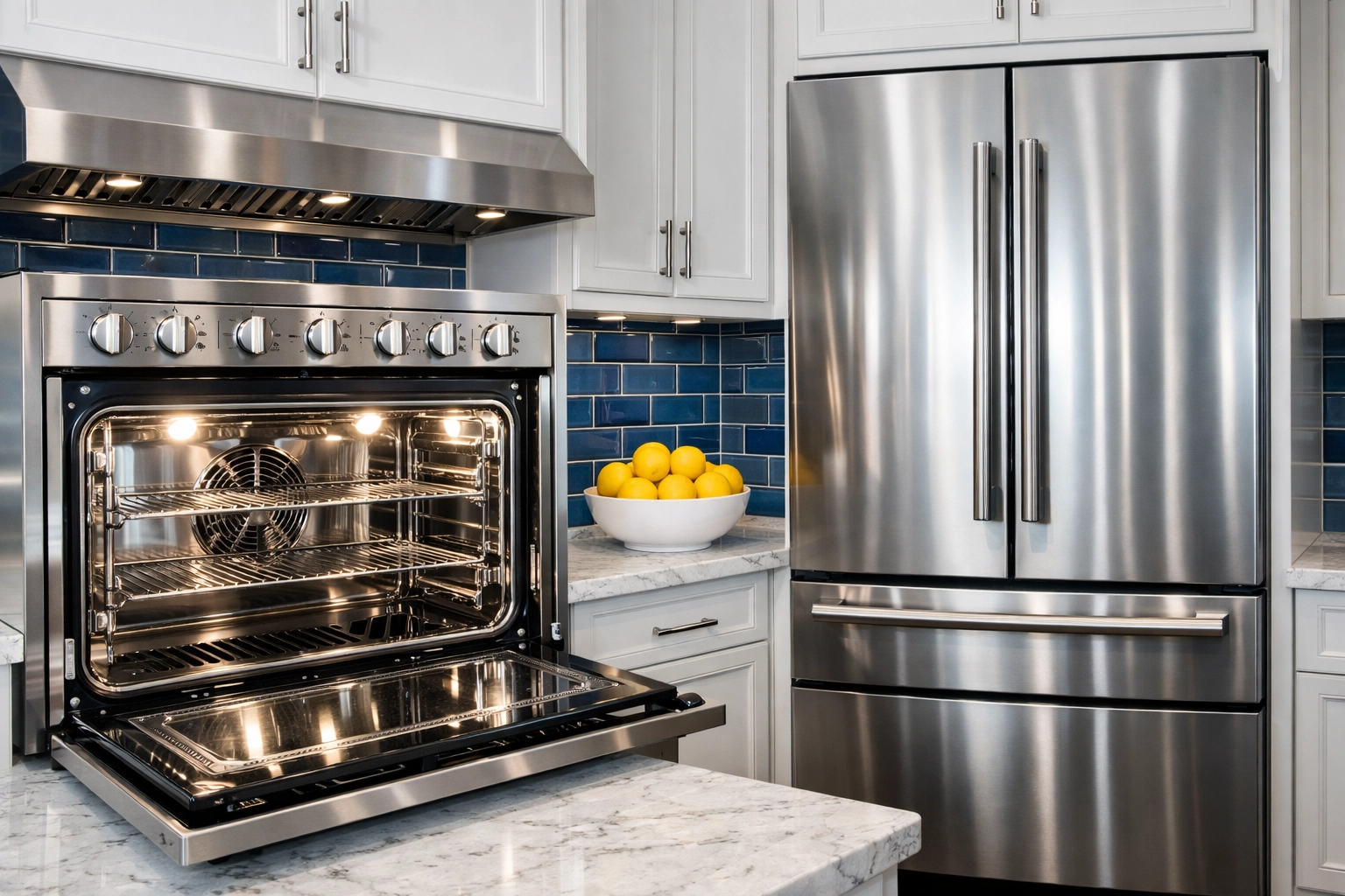 Sparkling clean oven and stainless steel refrigerator as part of a detailed move-out cleaning in a Fitchburg kitchen.